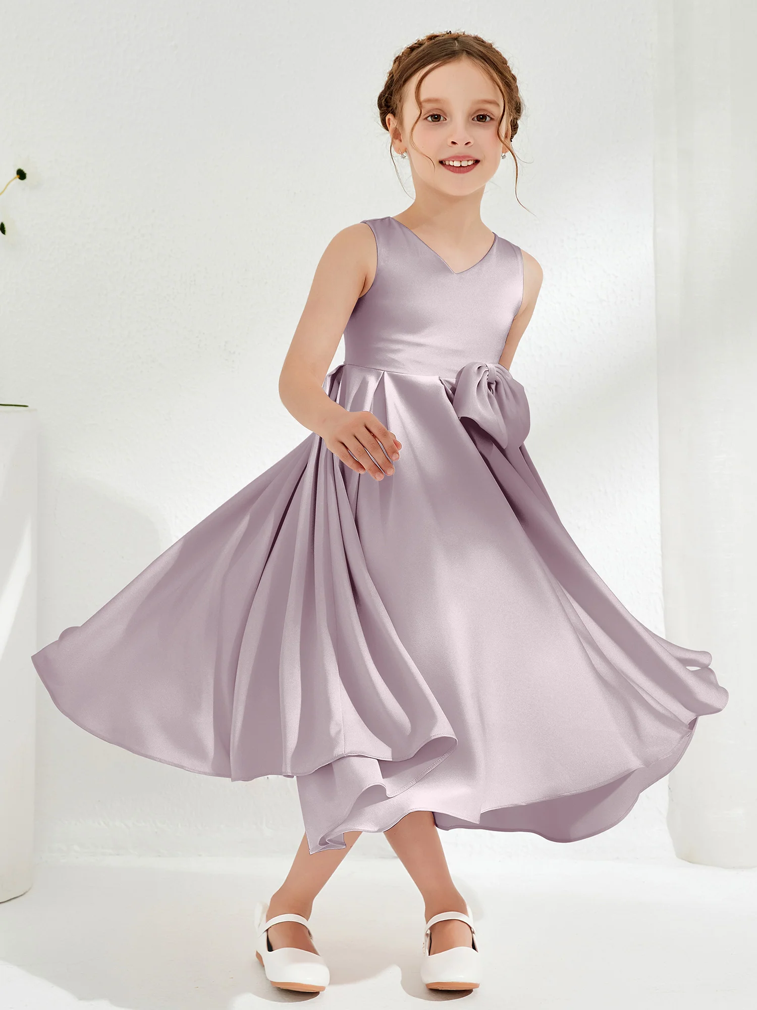 V-Neck Acetate Satin Girl's Dress with Bow Dusk - Image 3