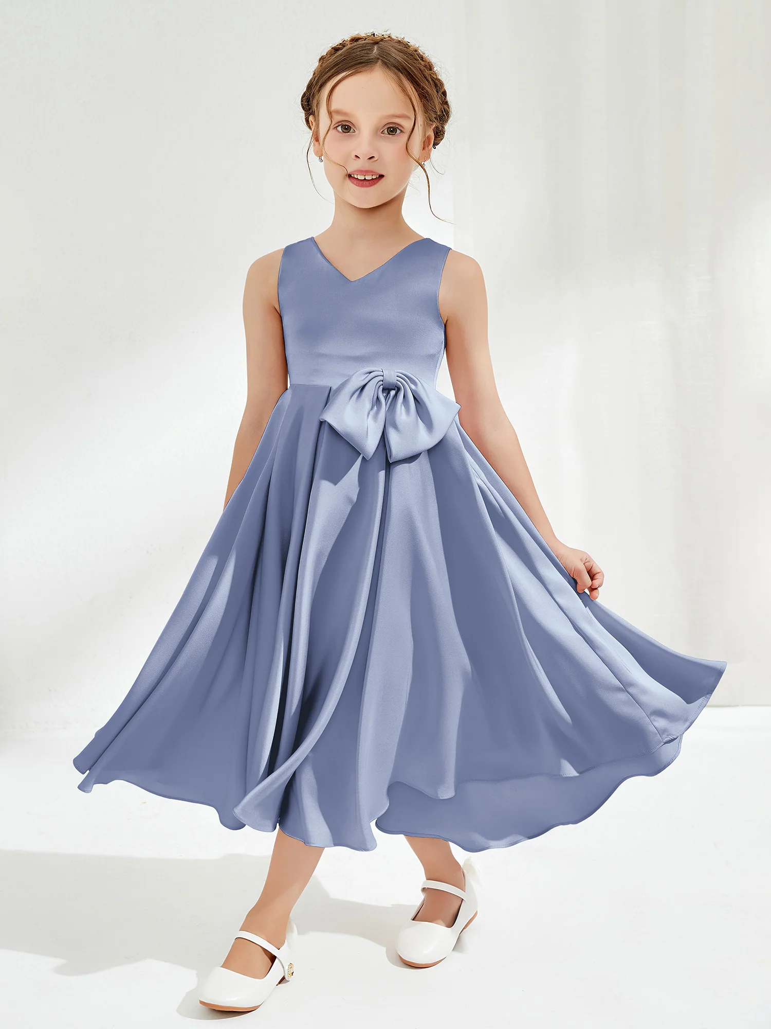 V-Neck Acetate Satin Girl's Dress with Bow Dusty Blue