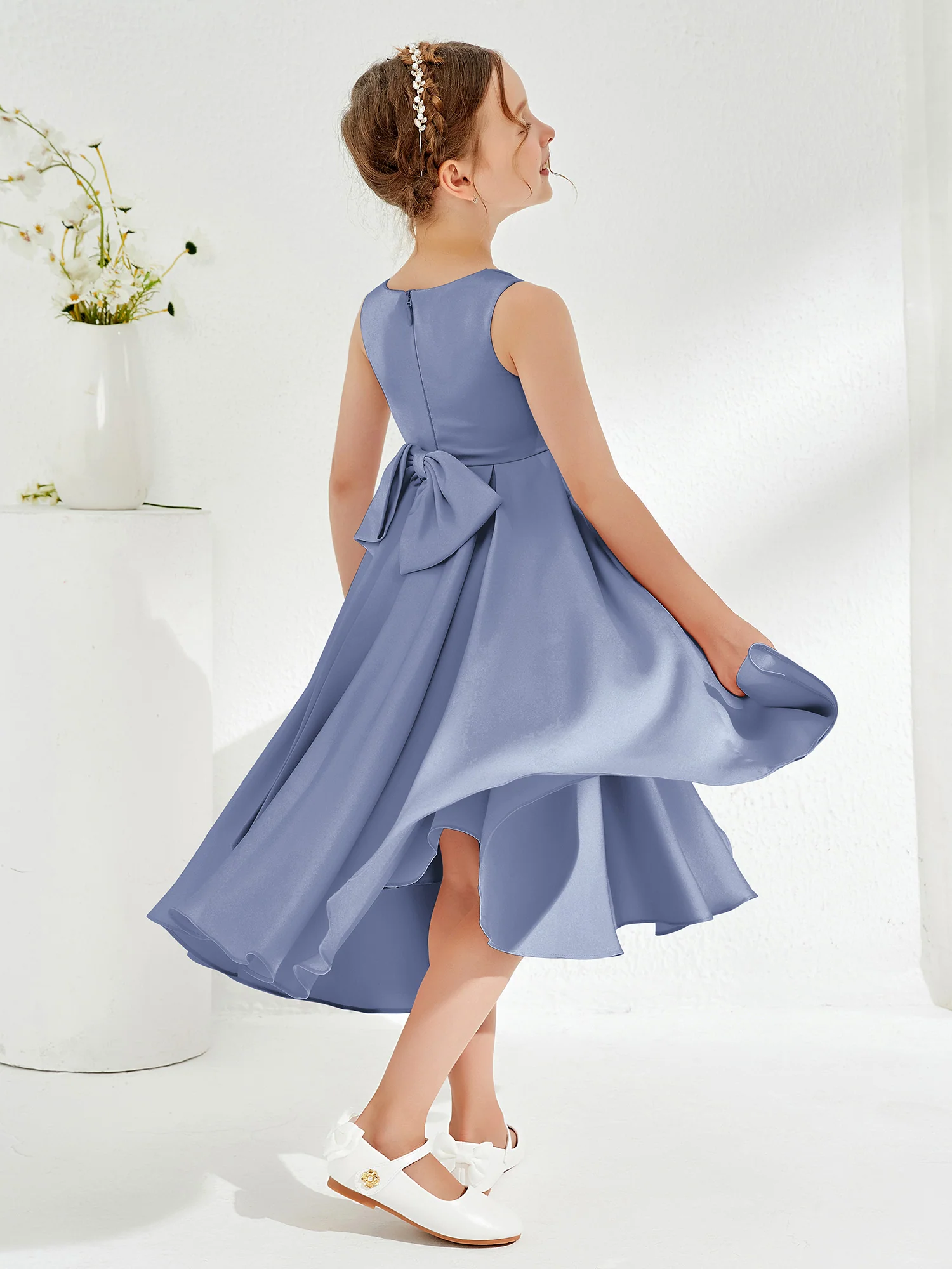 V-Neck Acetate Satin Girl's Dress with Bow Dusty Blue - Image 2