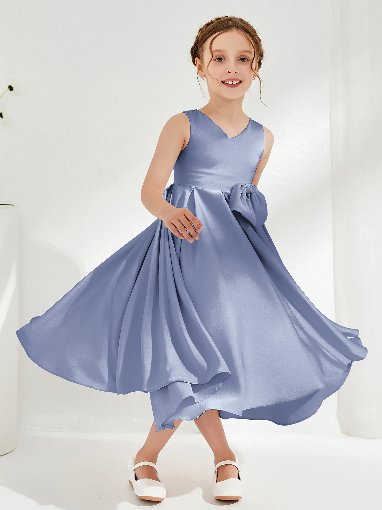V-Neck Acetate Satin Girl's Dress with Bow Dusty Blue - Image 3