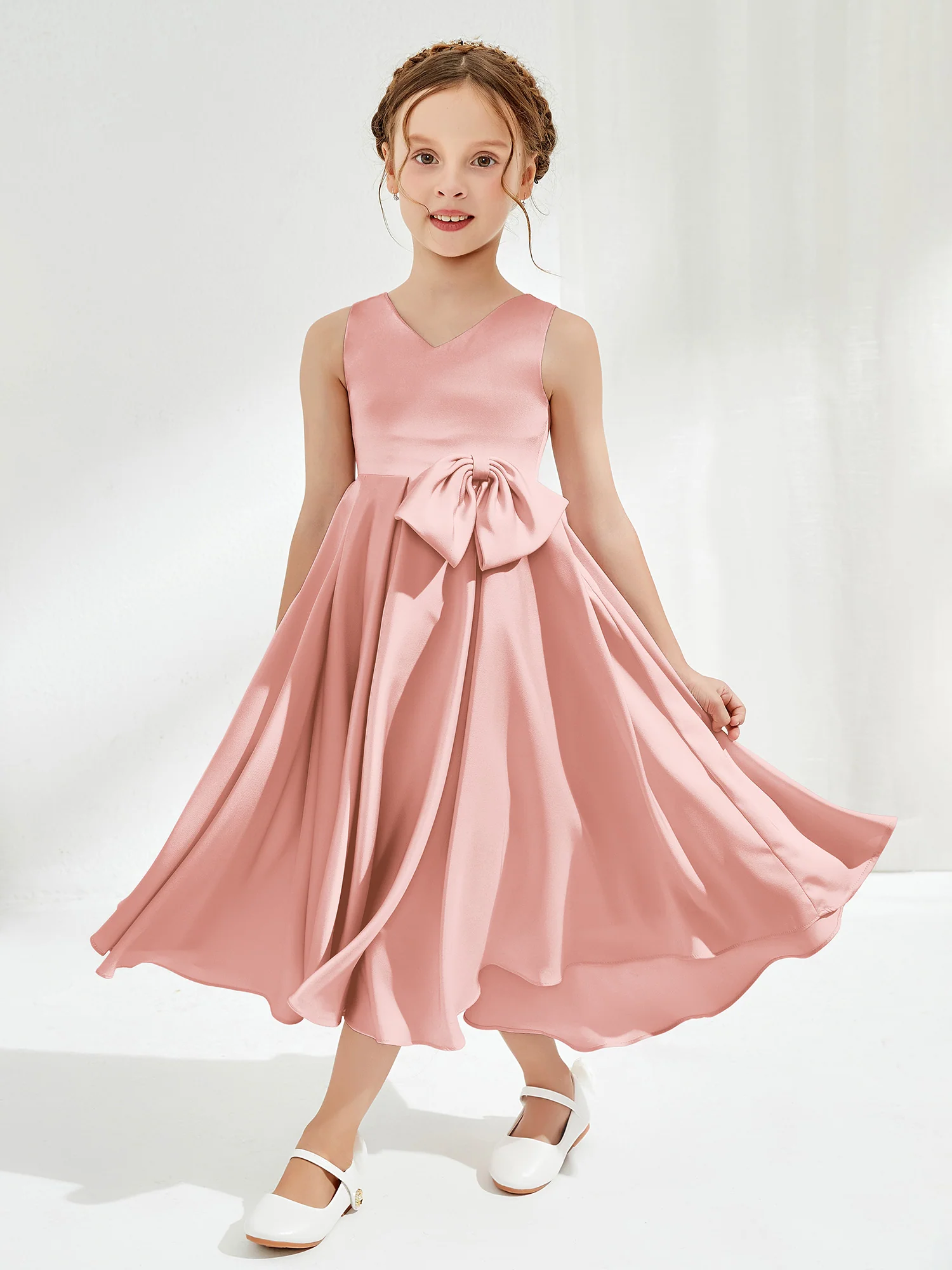 V-Neck Acetate Satin Girl's Dress with Bow Dusty Rose