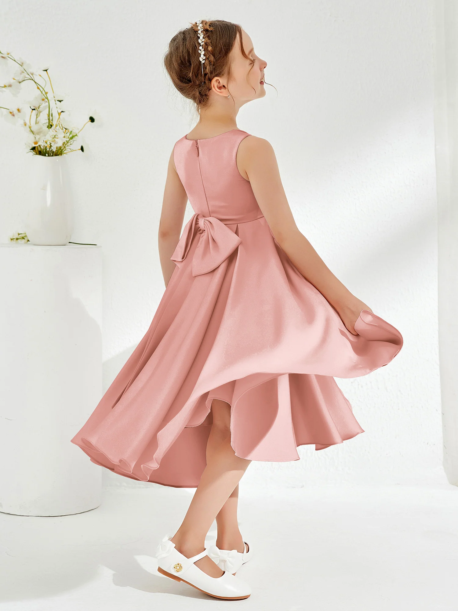 V-Neck Acetate Satin Girl's Dress with Bow Dusty Rose - Image 2