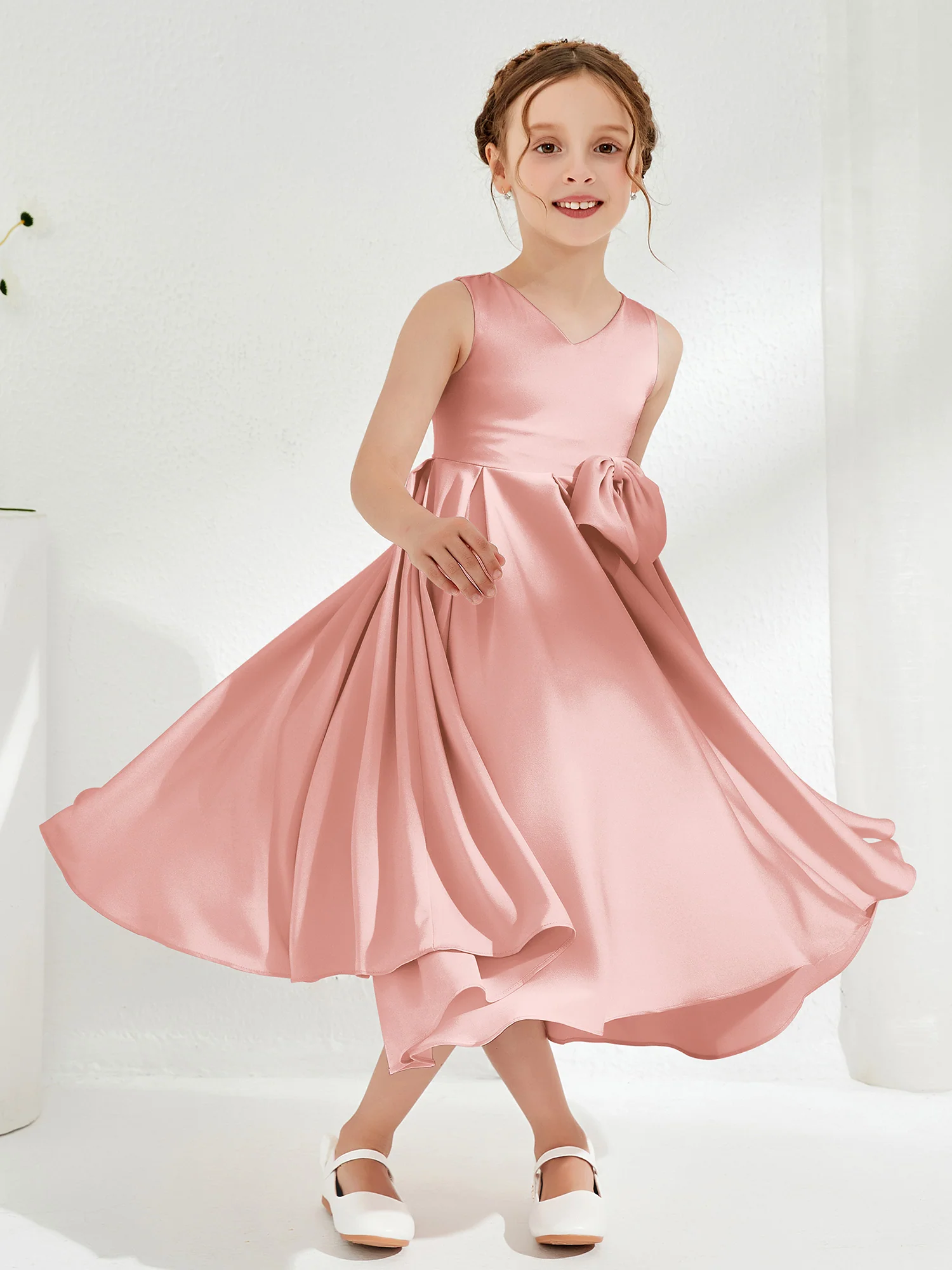 V-Neck Acetate Satin Girl's Dress with Bow Dusty Rose - Image 3