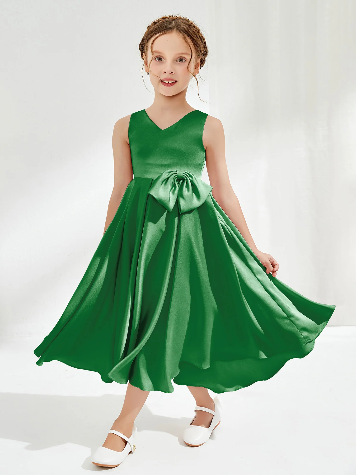 V-Neck Acetate Satin Girl's Dress with Bow Emerald