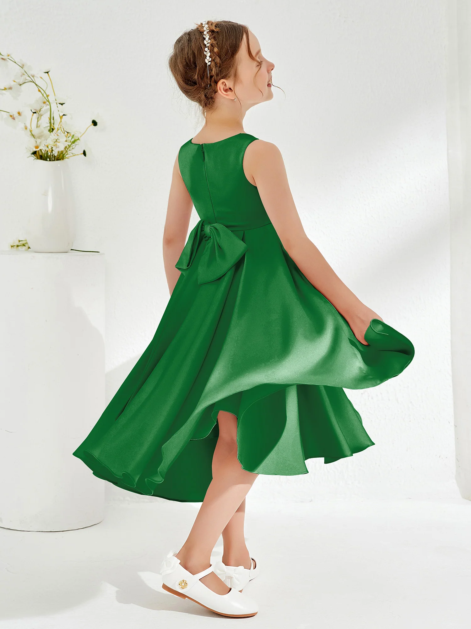 V-Neck Acetate Satin Girl's Dress with Bow Emerald - Image 2