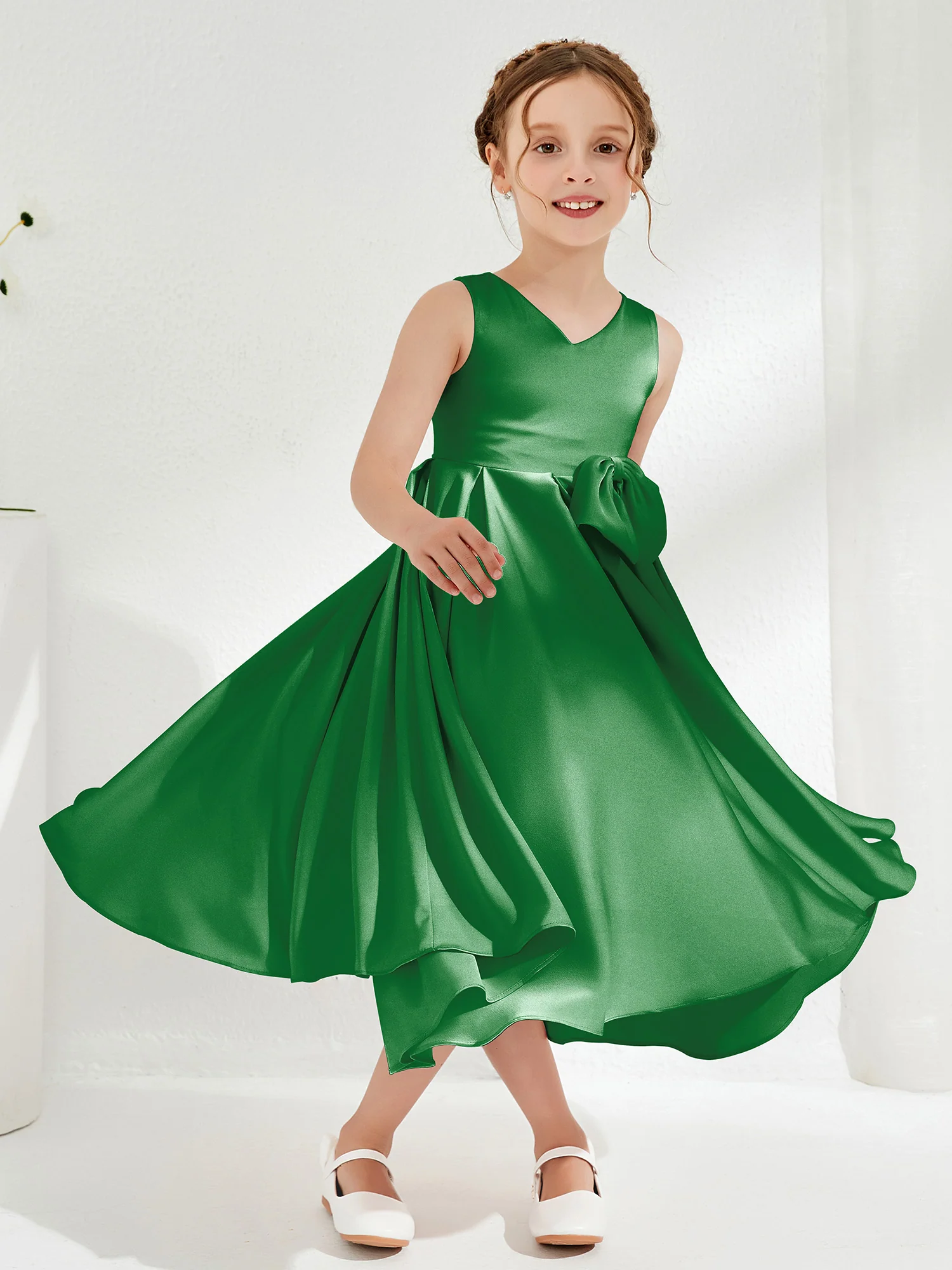 V-Neck Acetate Satin Girl's Dress with Bow Emerald - Image 3
