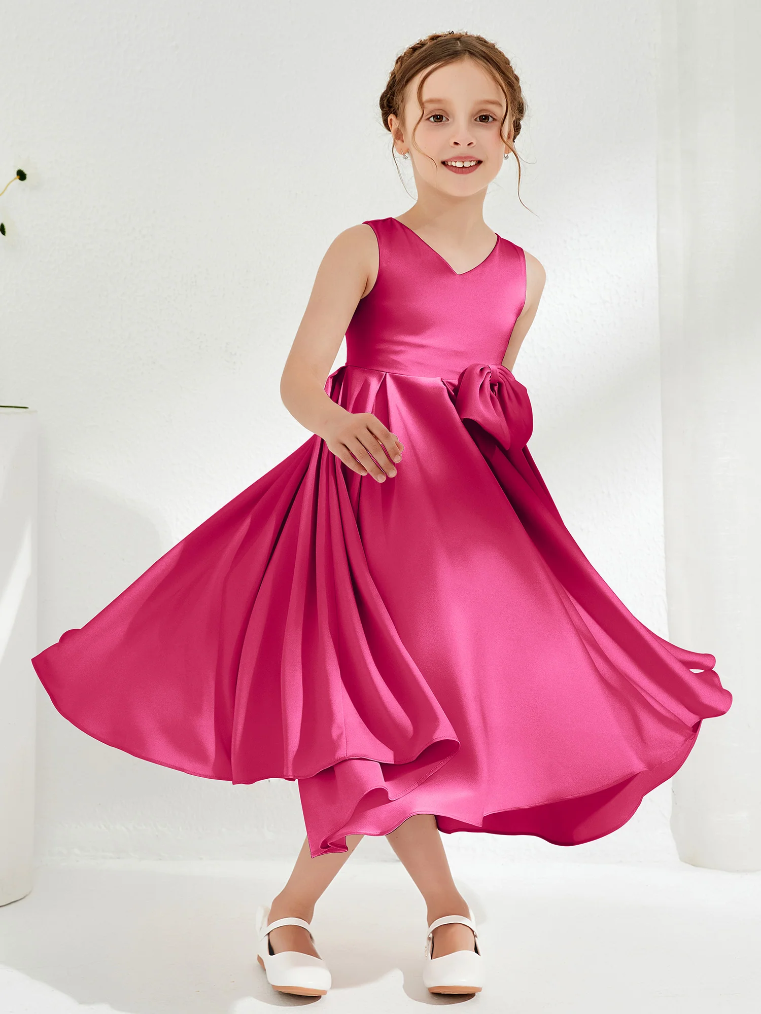 V-Neck Acetate Satin Girl's Dress with Bow Fuchsia - Image 3