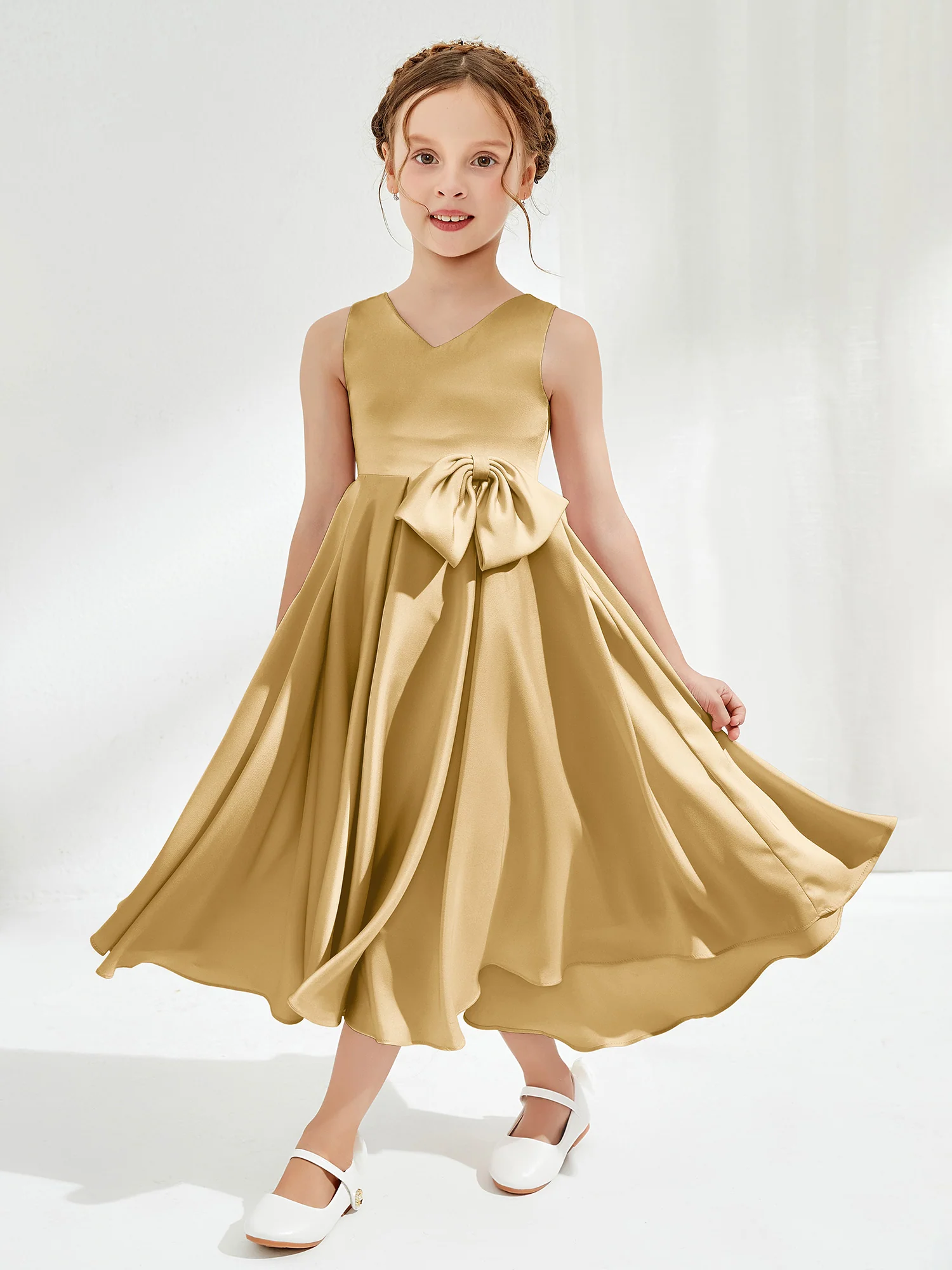 V-Neck Acetate Satin Girl's Dress with Bow Gold