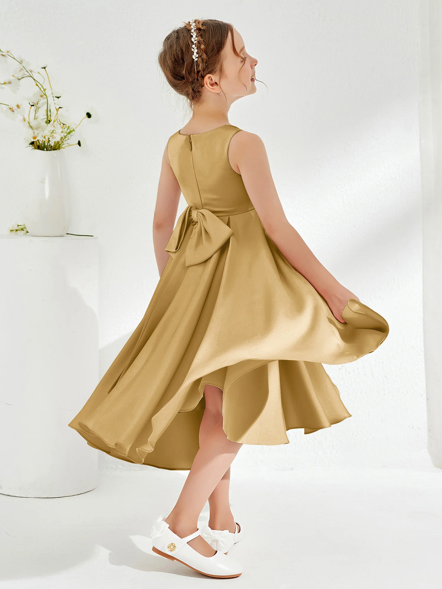 V-Neck Acetate Satin Girl's Dress with Bow Gold - Image 2