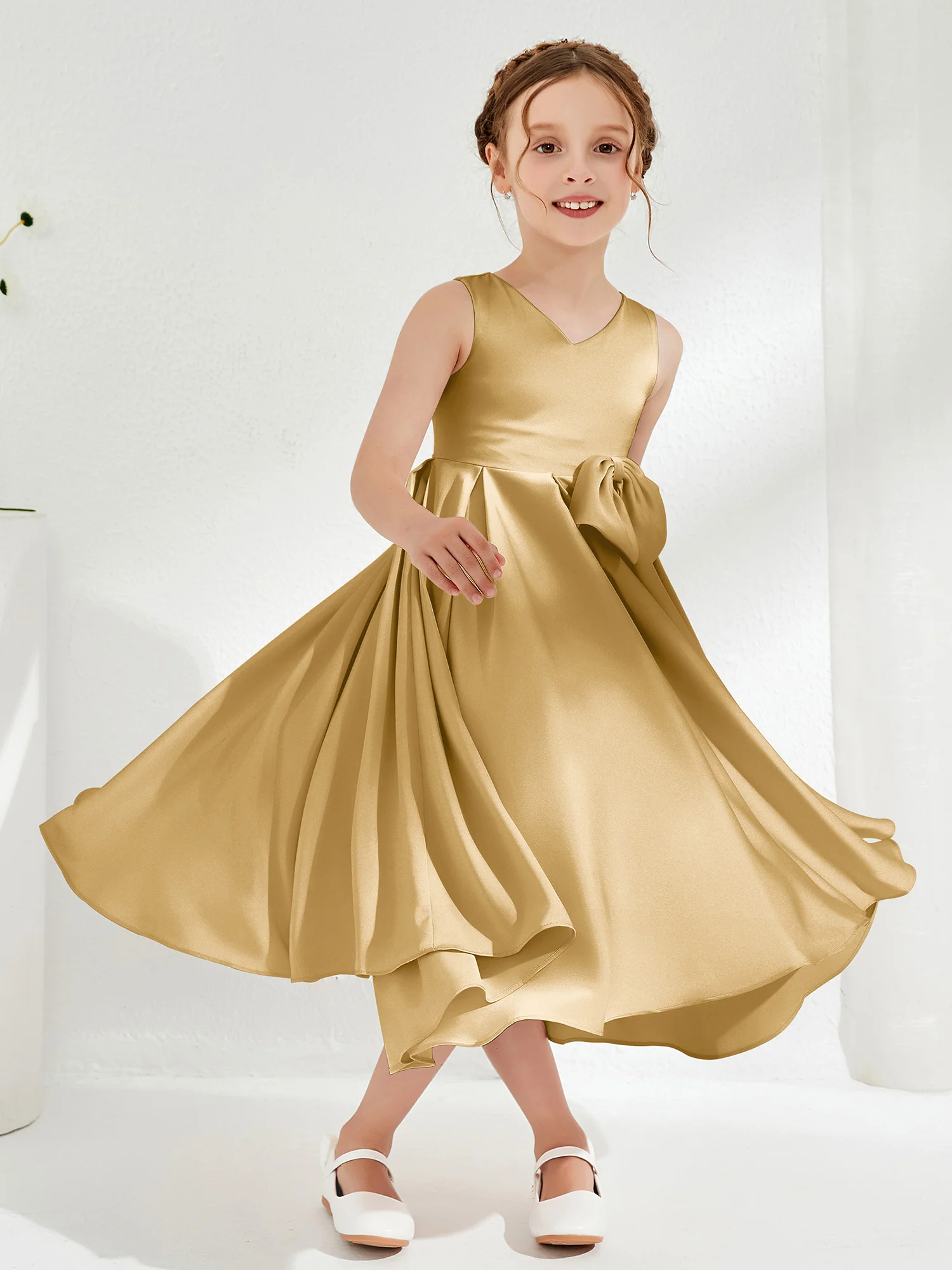 V-Neck Acetate Satin Girl's Dress with Bow Gold - Image 3