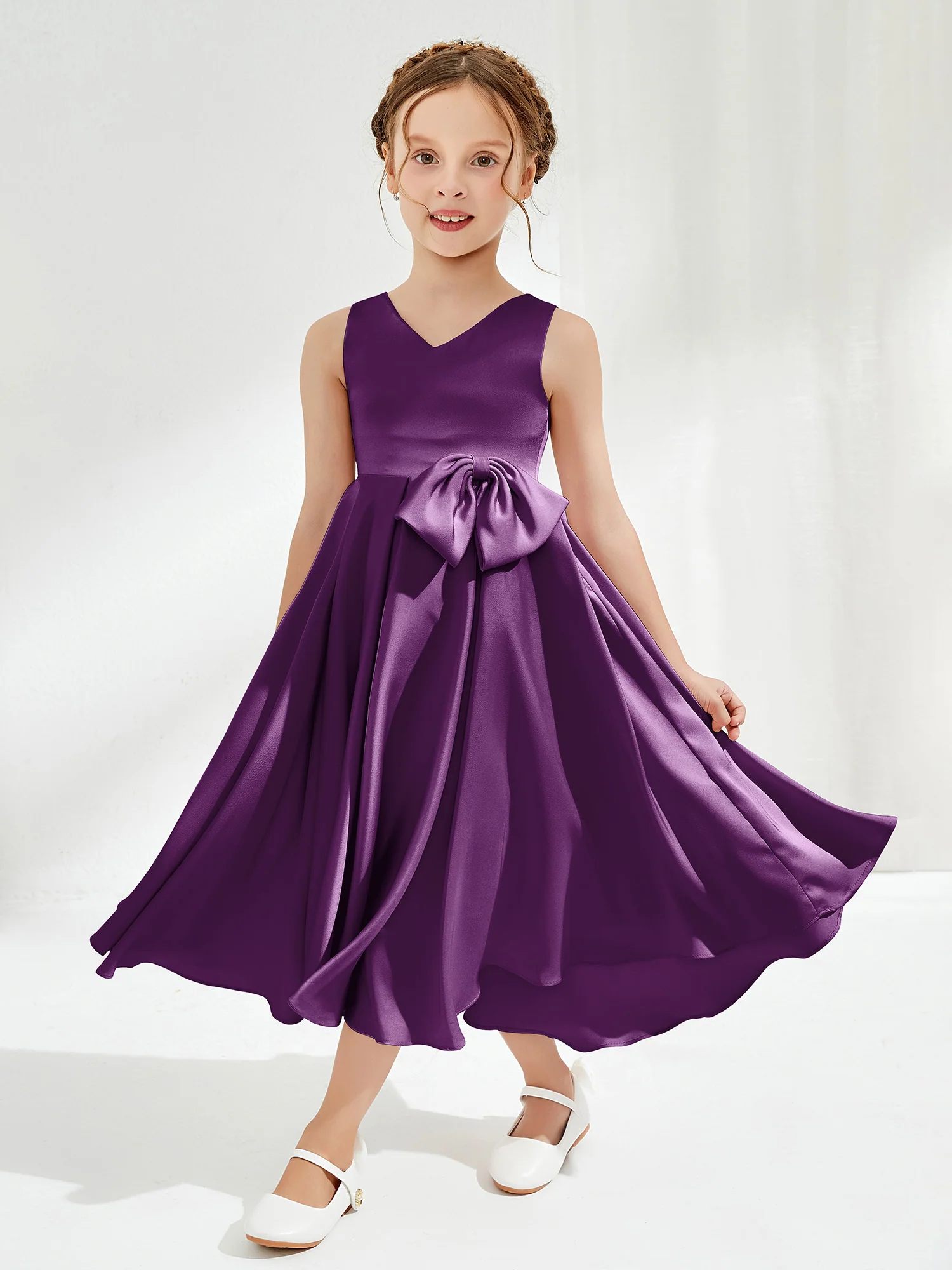 V-Neck Acetate Satin Girl's Dress with Bow Grape