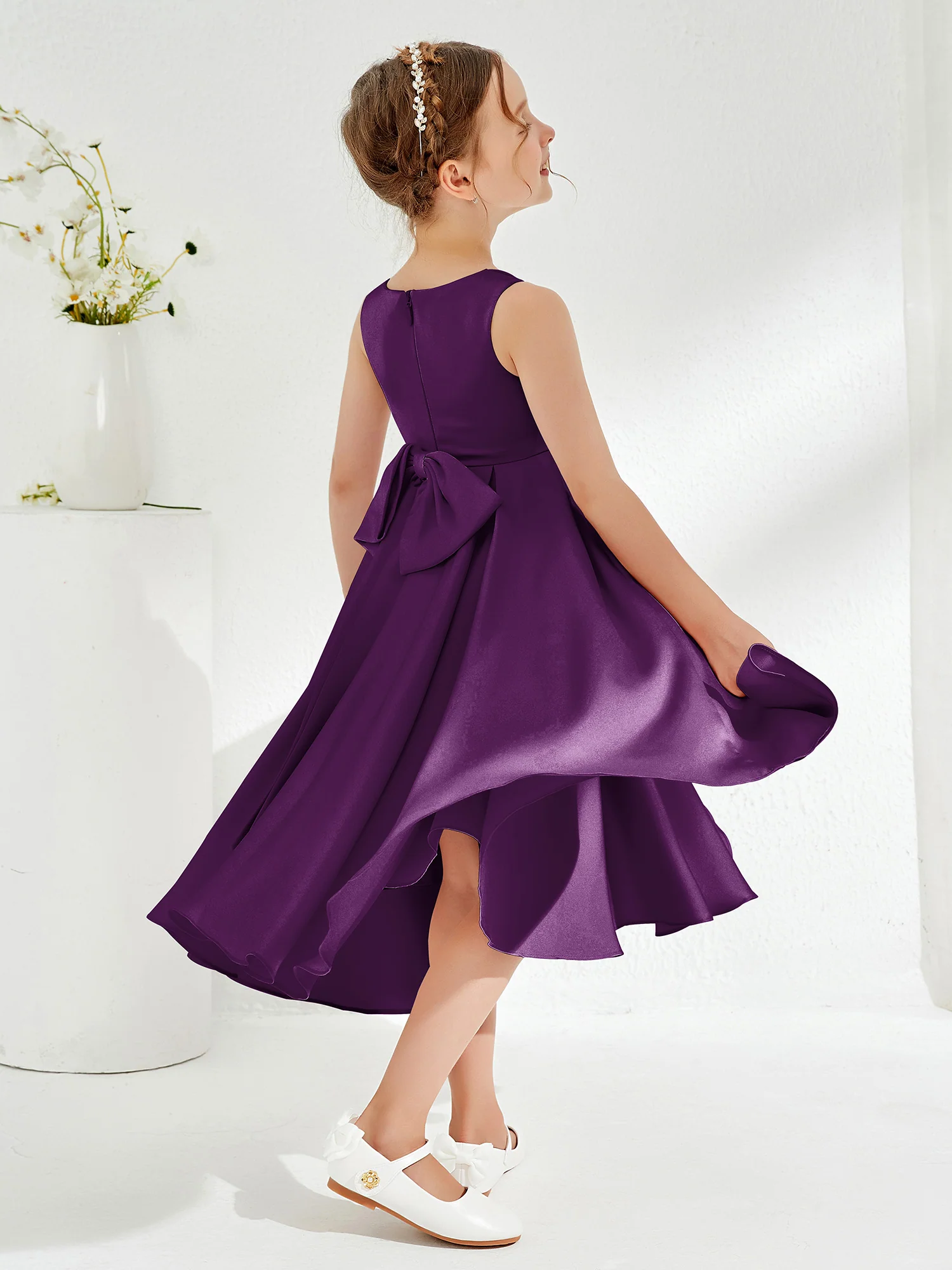V-Neck Acetate Satin Girl's Dress with Bow Grape - Image 2