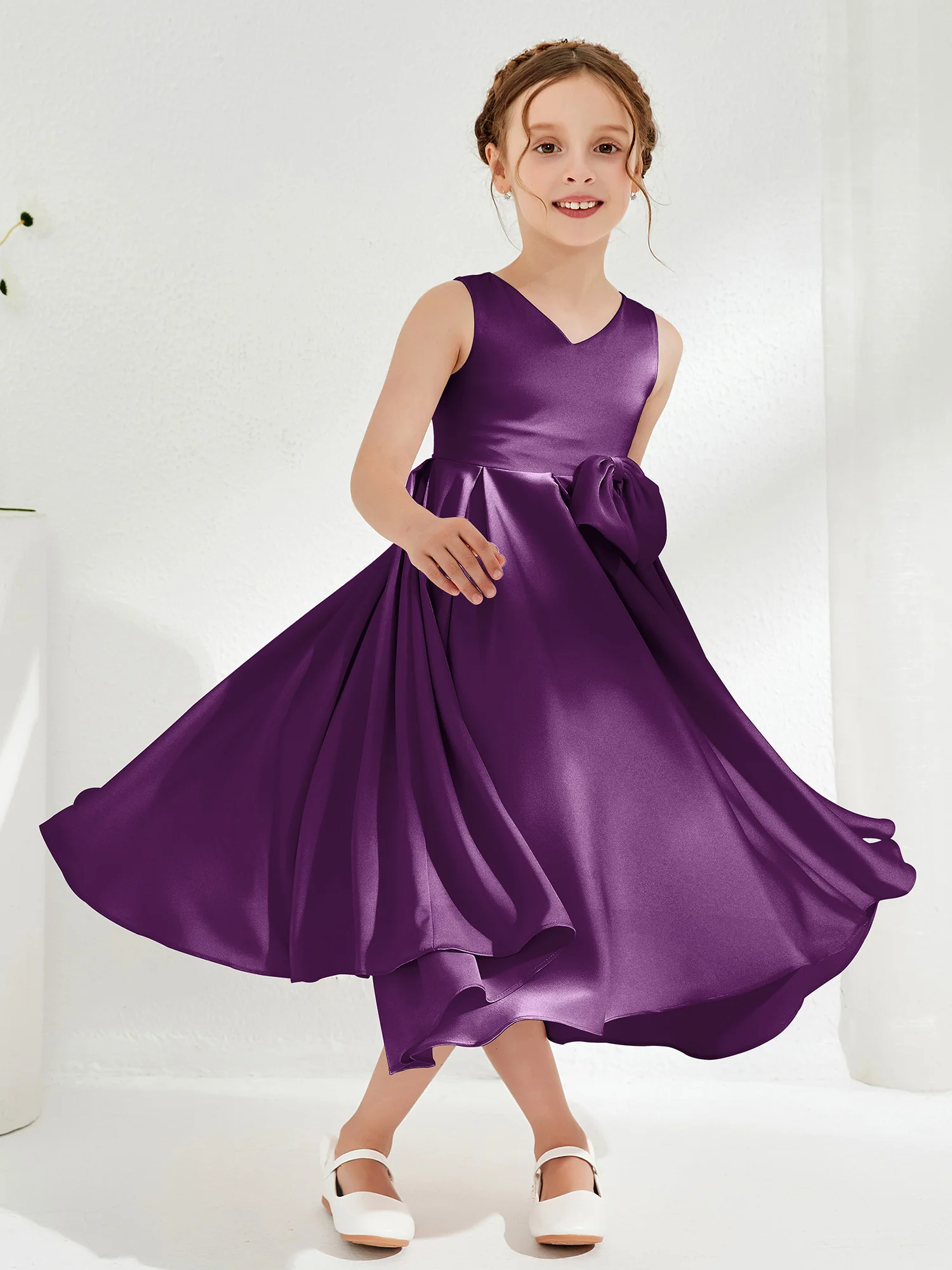 V-Neck Acetate Satin Girl's Dress with Bow Grape - Image 3