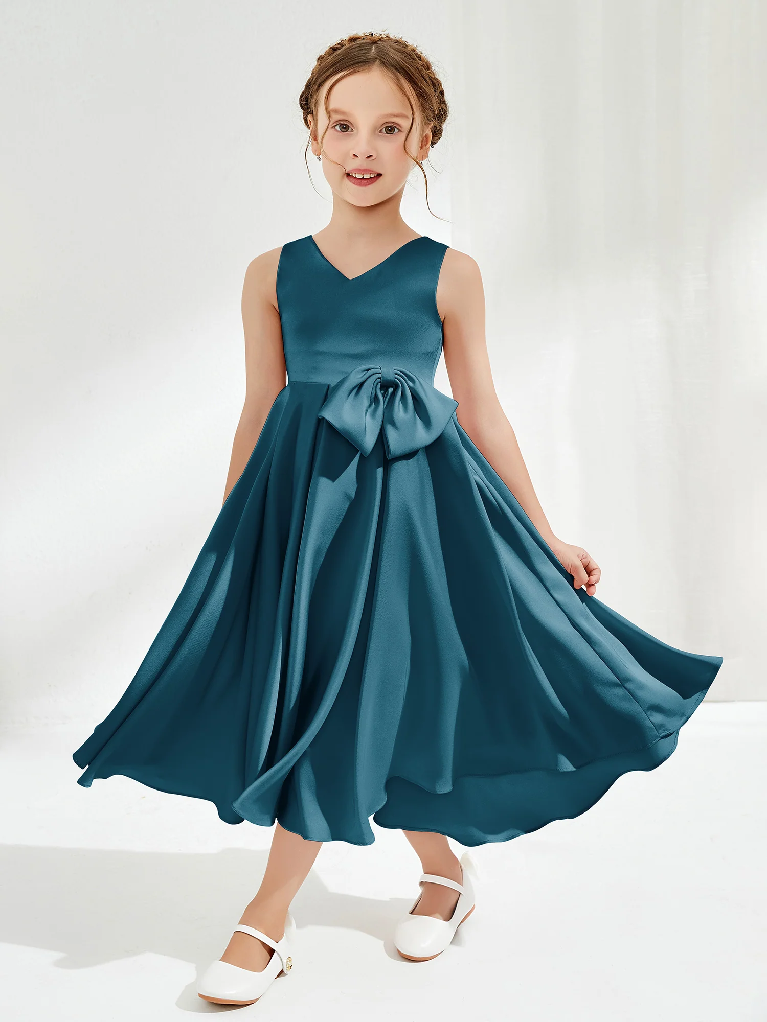 V-Neck Acetate Satin Girl's Dress with Bow Ink Blue