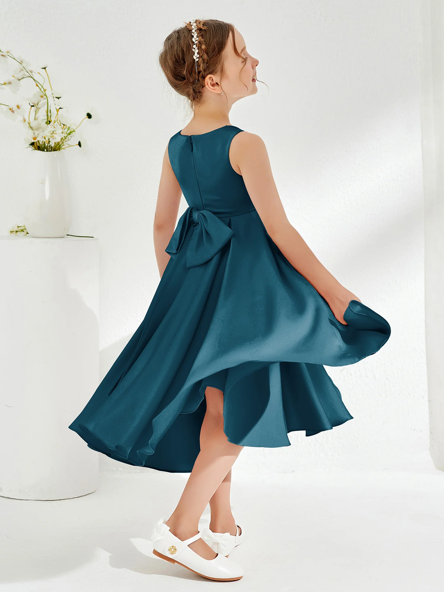 V-Neck Acetate Satin Girl's Dress with Bow Ink Blue - Image 2