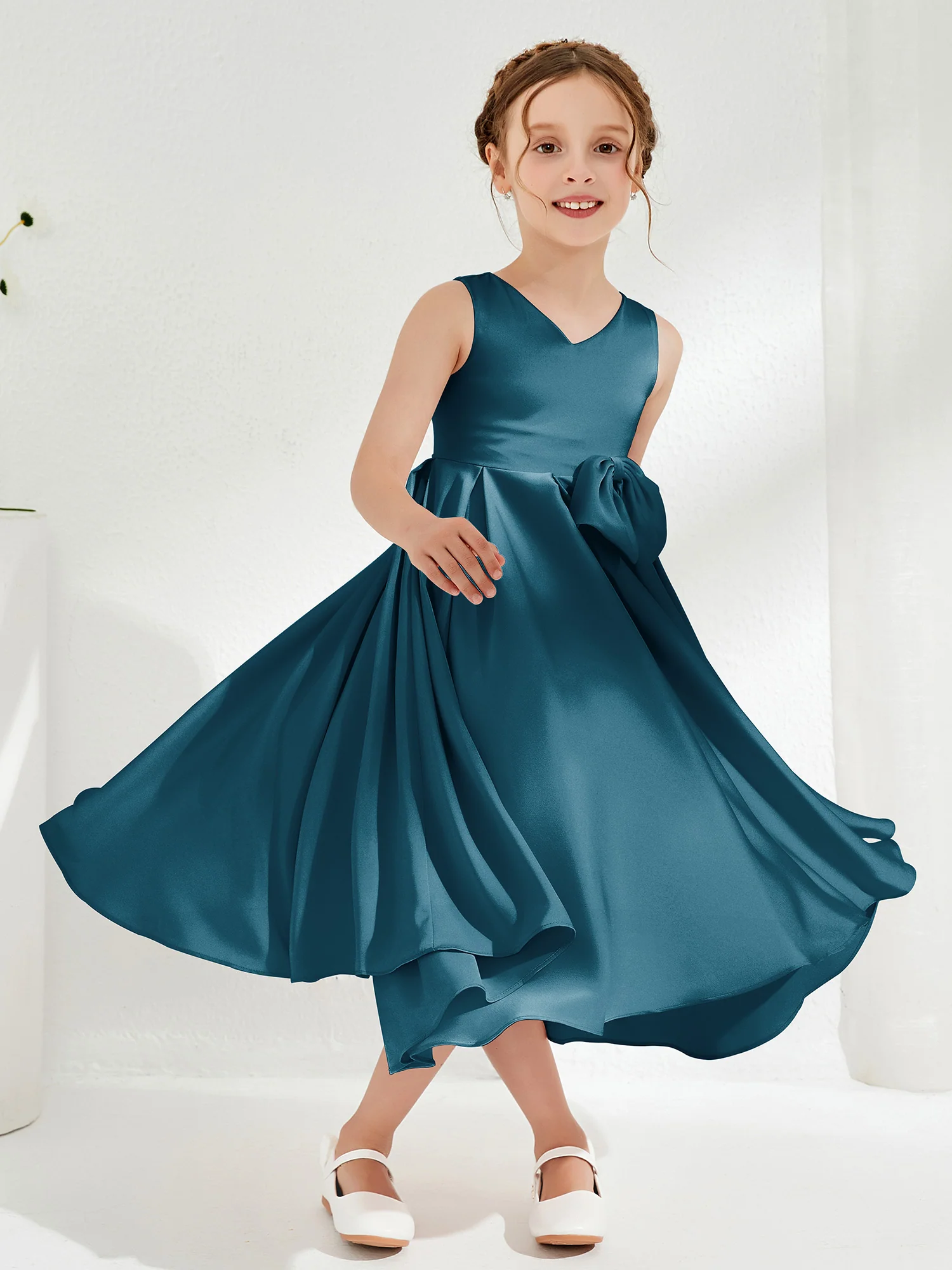 V-Neck Acetate Satin Girl's Dress with Bow Ink Blue - Image 3