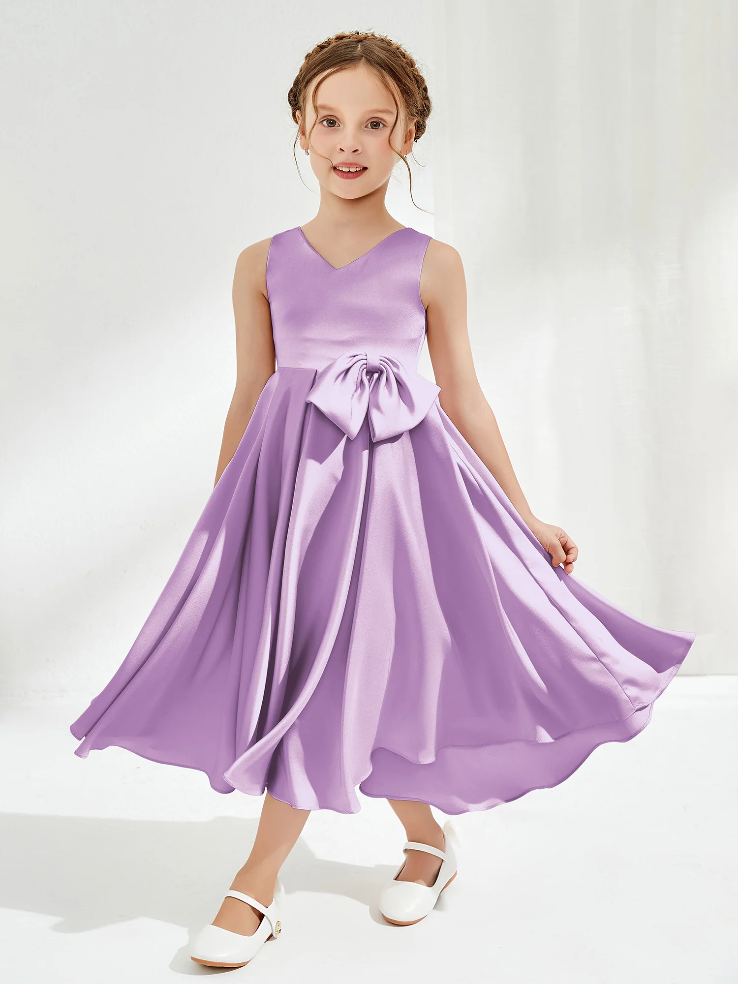 V-Neck Acetate Satin Girl's Dress with Bow Lilac