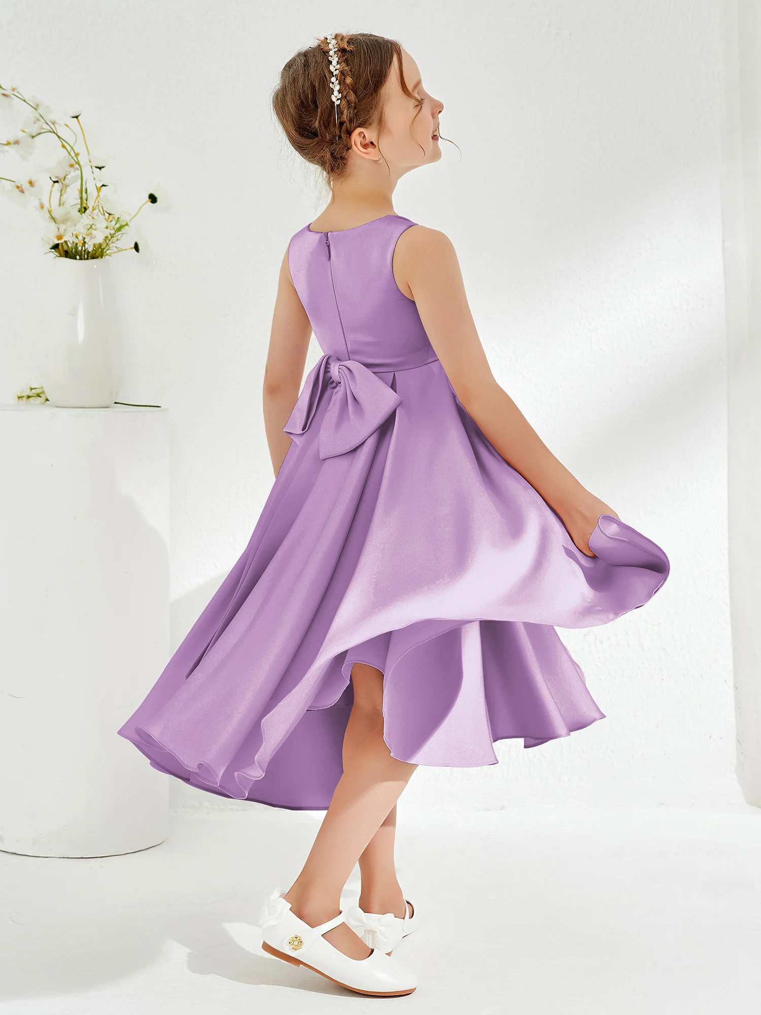V-Neck Acetate Satin Girl's Dress with Bow Lilac - Image 2