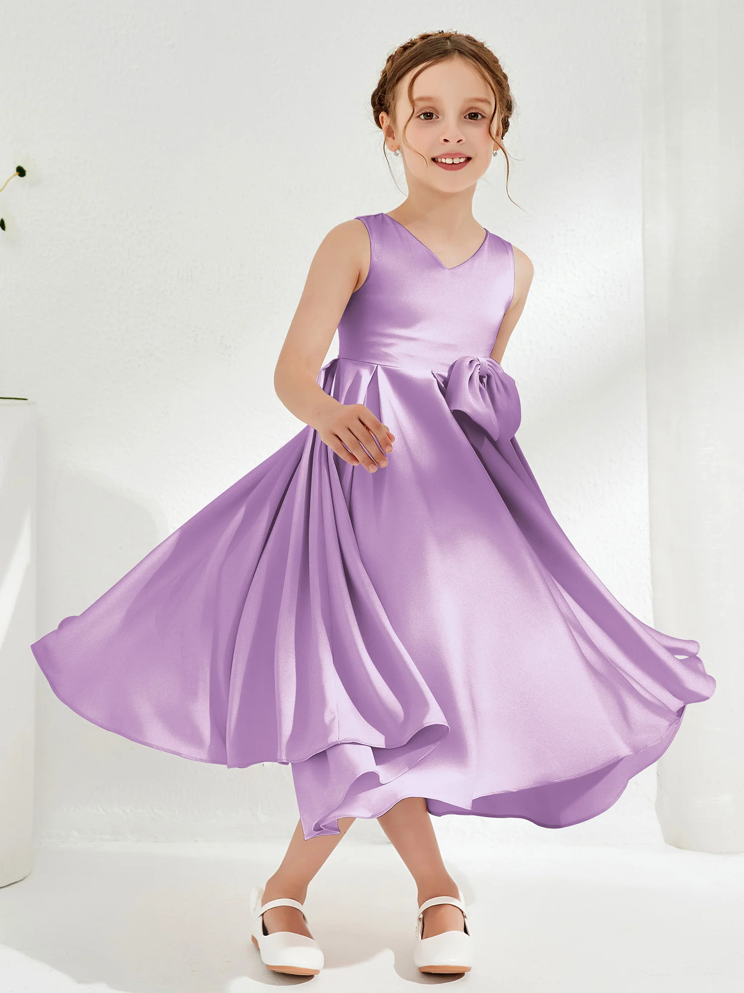 V-Neck Acetate Satin Girl's Dress with Bow Lilac - Image 3