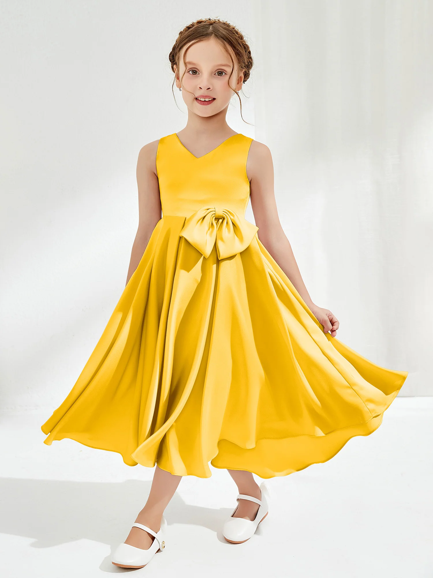 V-Neck Acetate Satin Girl's Dress with Bow Marigold