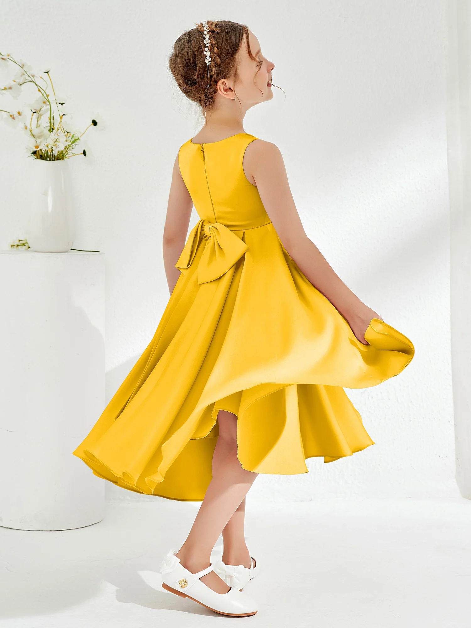 V-Neck Acetate Satin Girl's Dress with Bow Marigold - Image 2