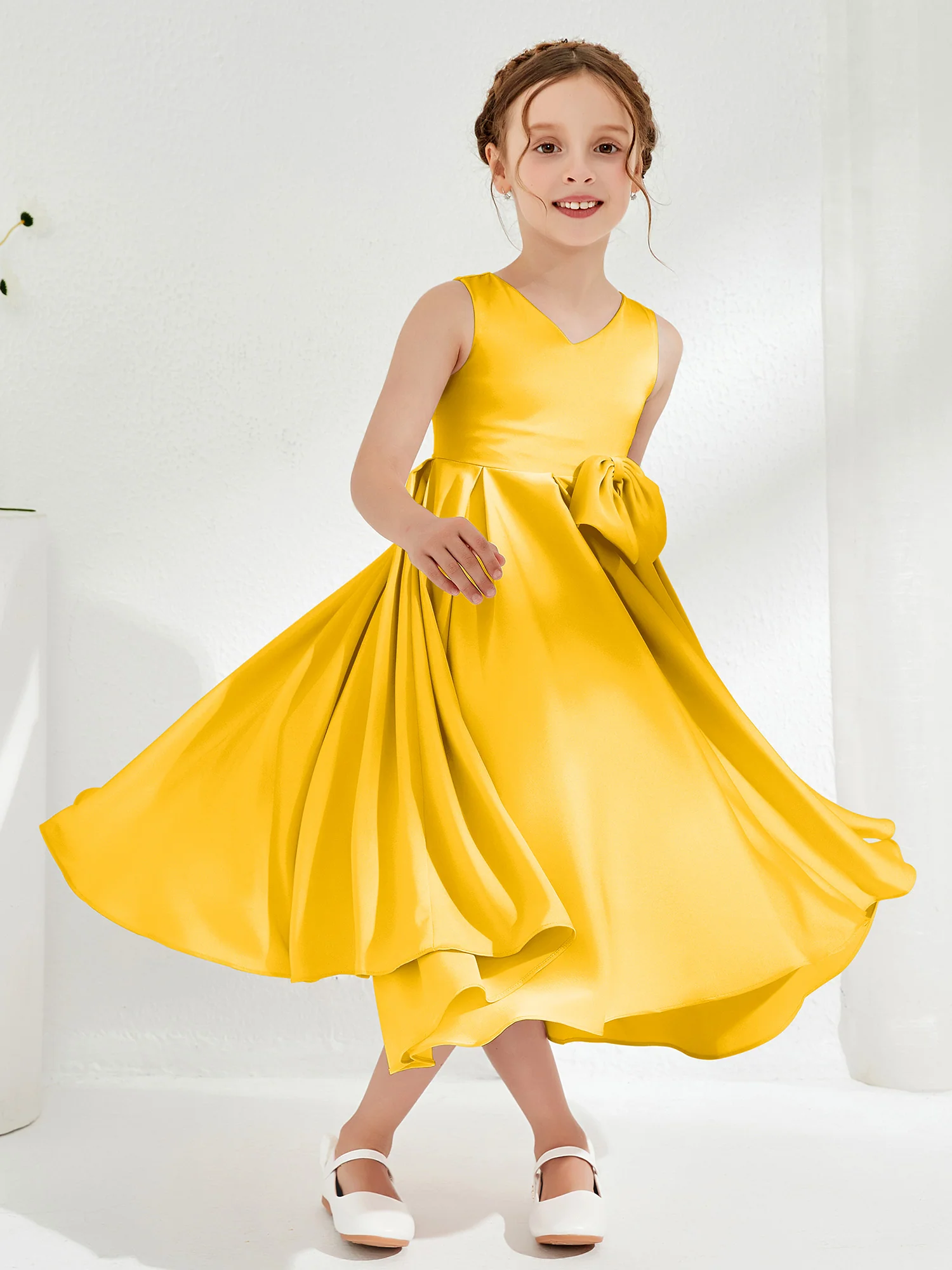 V-Neck Acetate Satin Girl's Dress with Bow Marigold - Image 3
