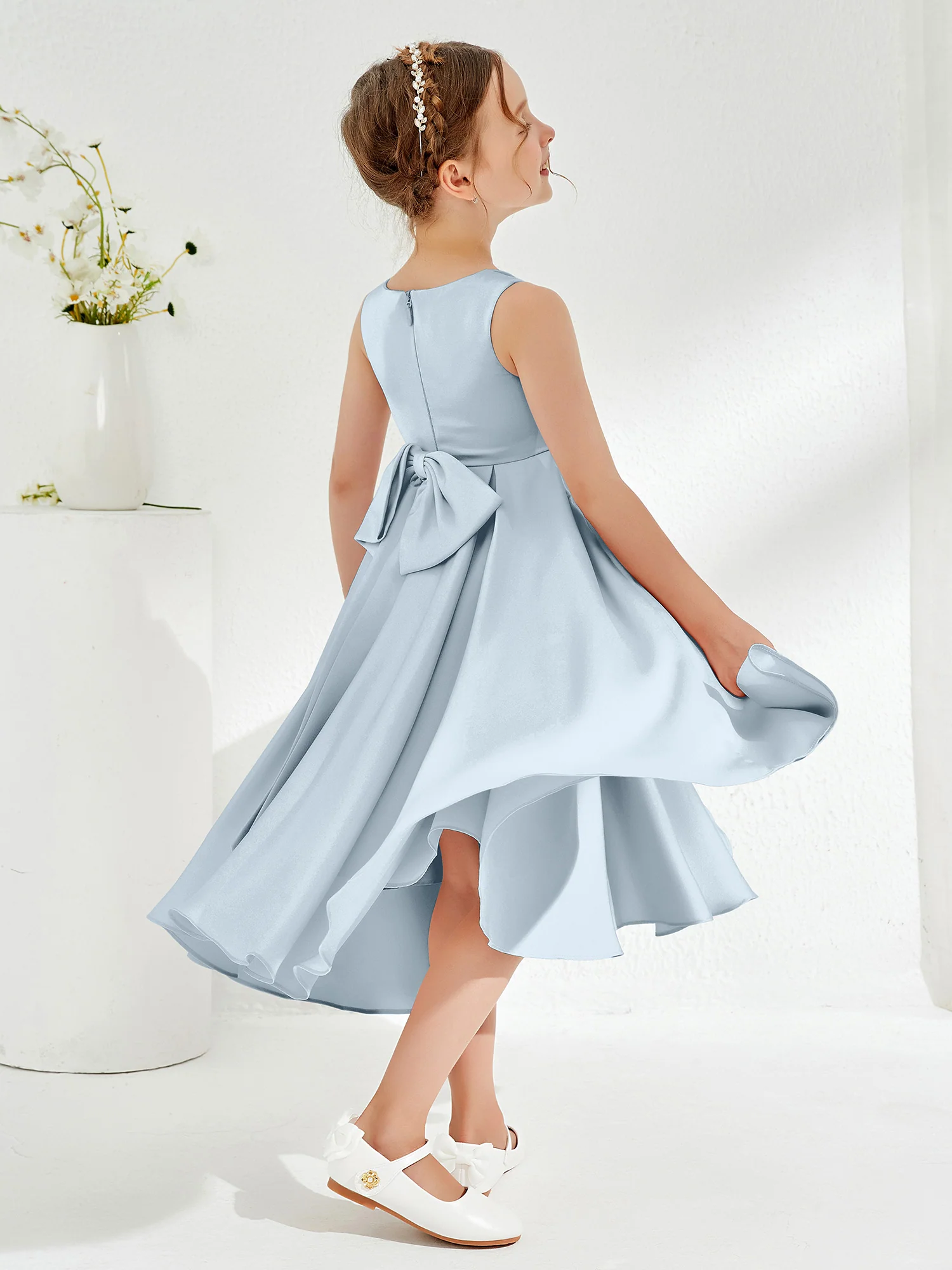 V-Neck Acetate Satin Girl's Dress with Bow Mist - Image 2