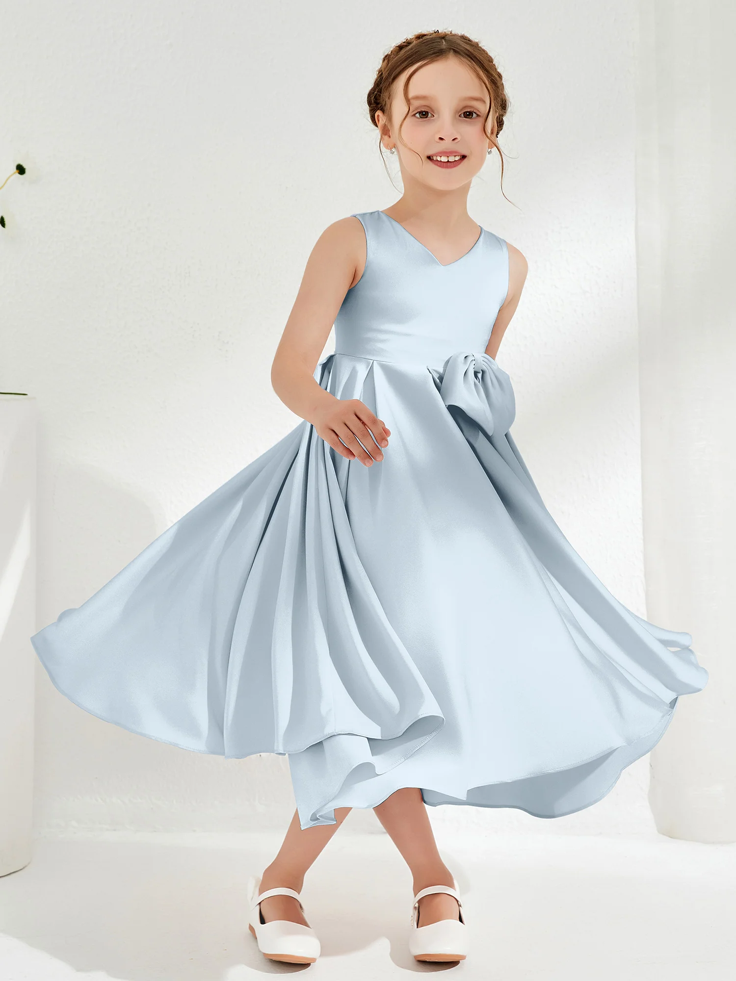 V-Neck Acetate Satin Girl's Dress with Bow Mist - Image 3
