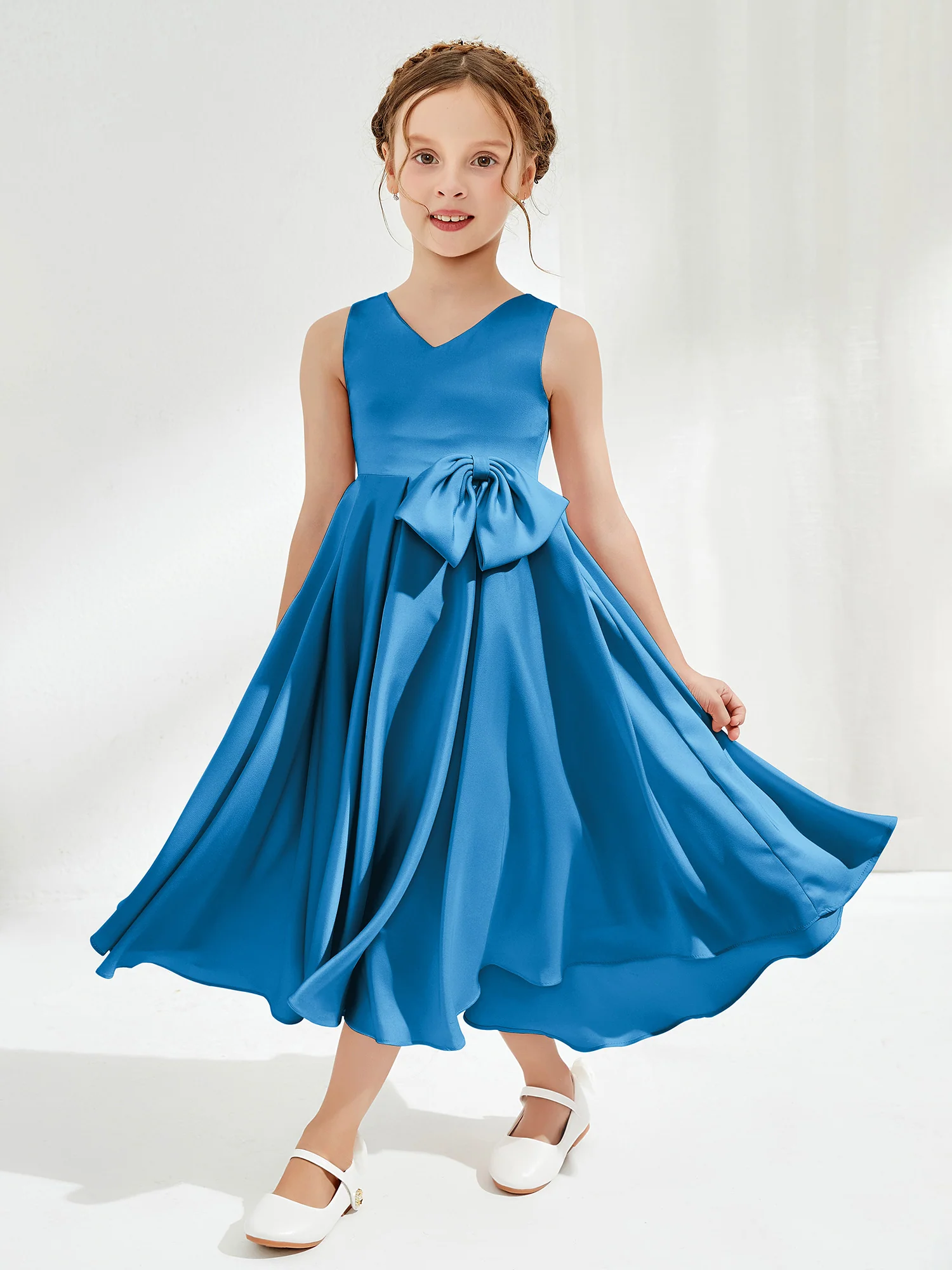 V-Neck Acetate Satin Girl's Dress with Bow Ocean Blue