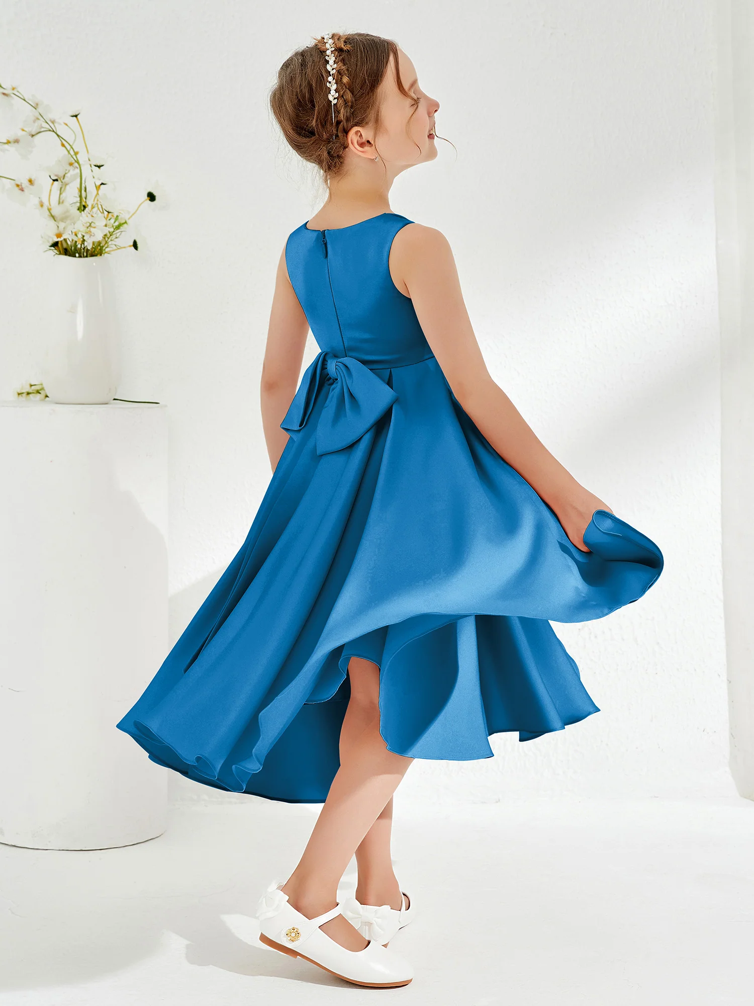 V-Neck Acetate Satin Girl's Dress with Bow Ocean Blue - Image 2