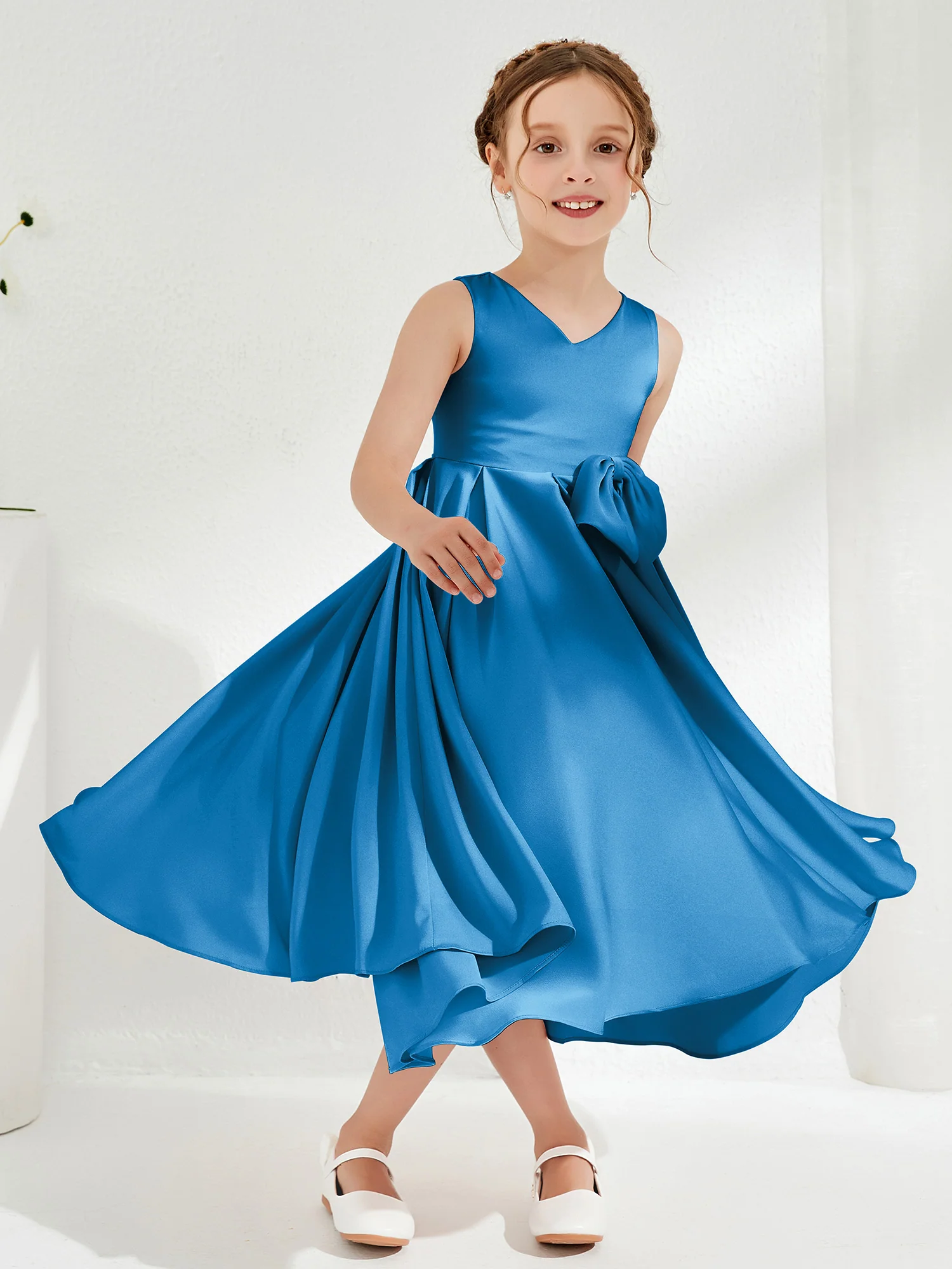 V-Neck Acetate Satin Girl's Dress with Bow Ocean Blue - Image 3