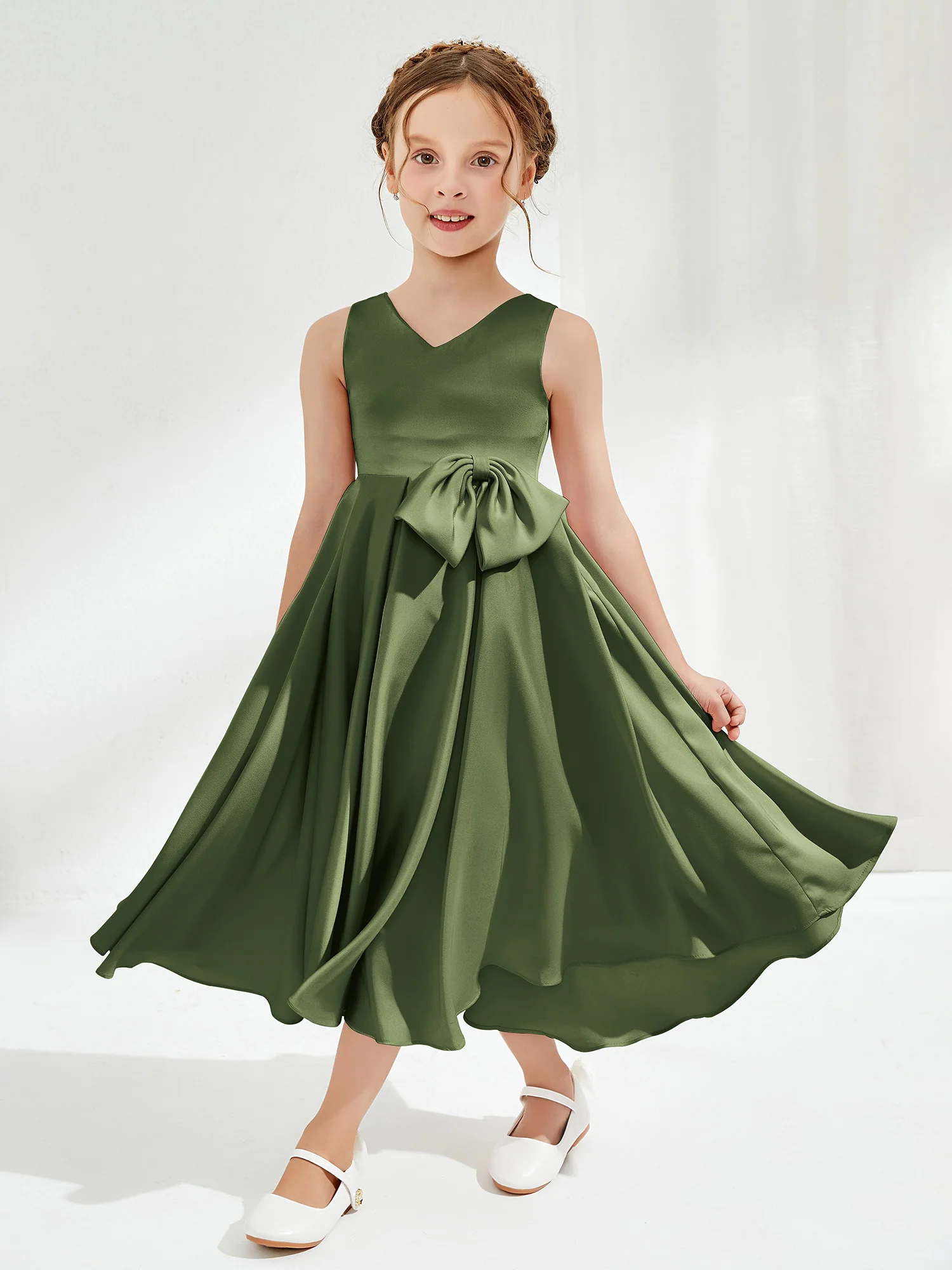 V-Neck Acetate Satin Girl's Dress with Bow Olive Green