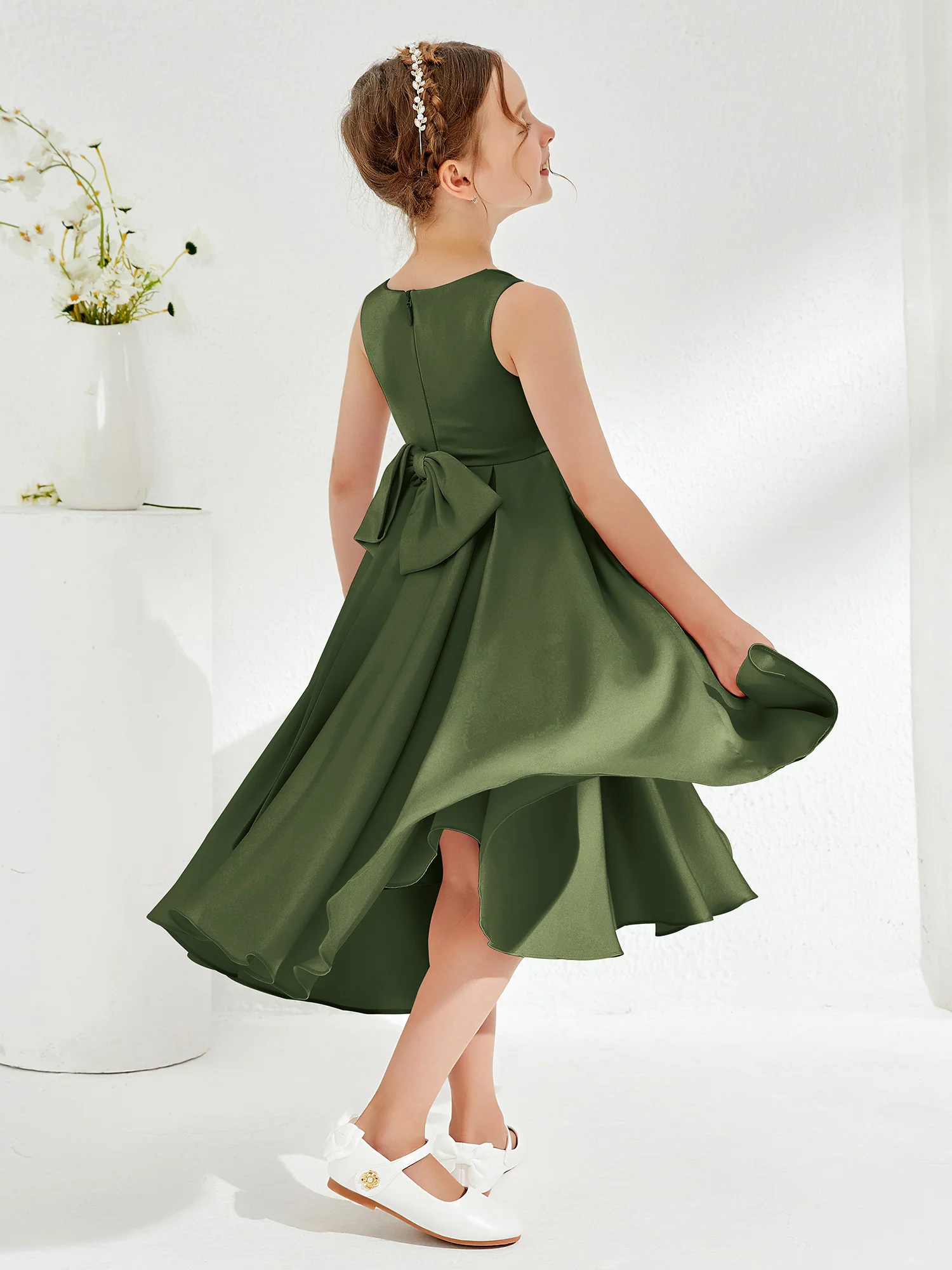 V-Neck Acetate Satin Girl's Dress with Bow Olive Green - Image 2