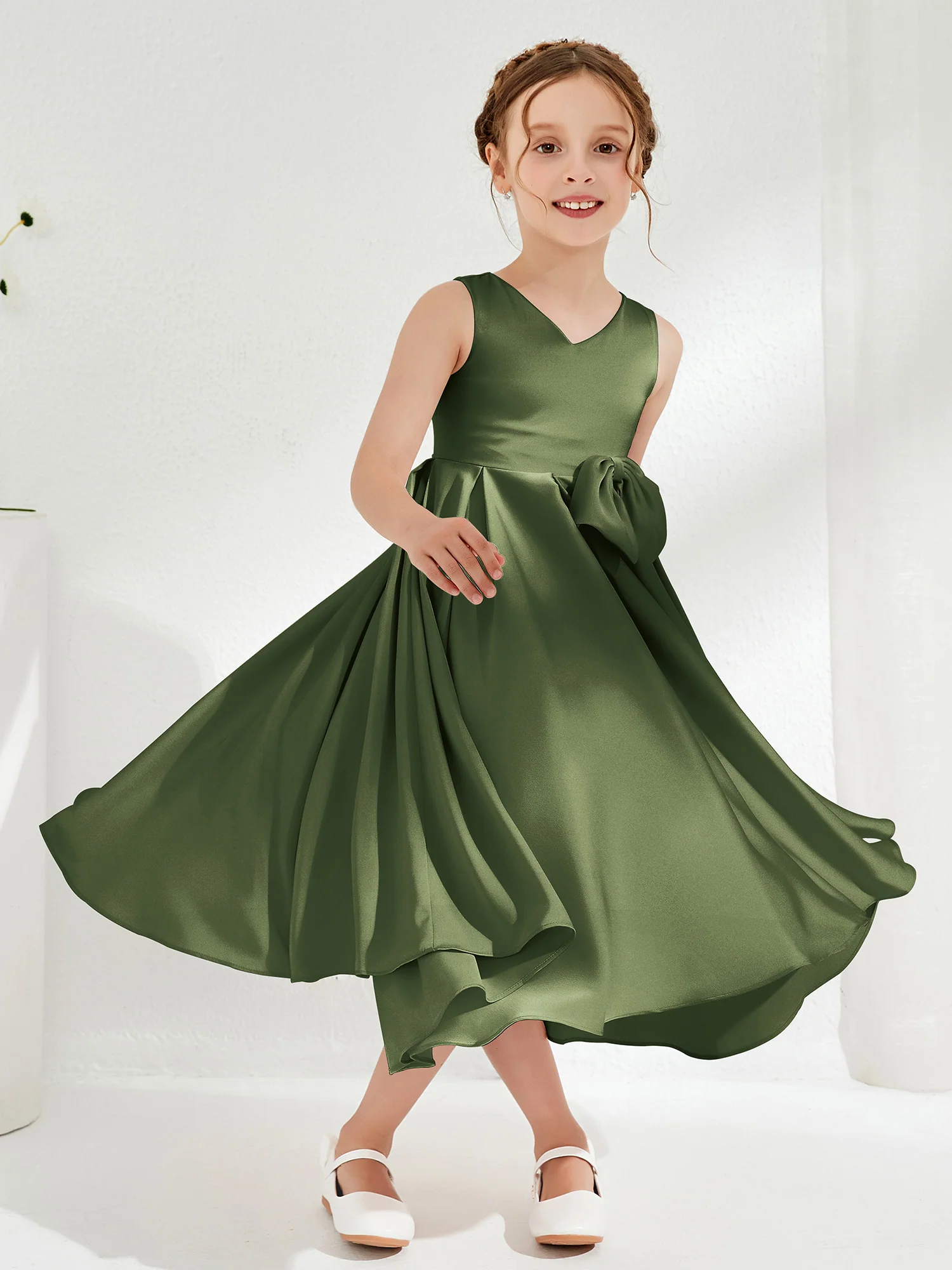 V-Neck Acetate Satin Girl's Dress with Bow Olive Green - Image 3