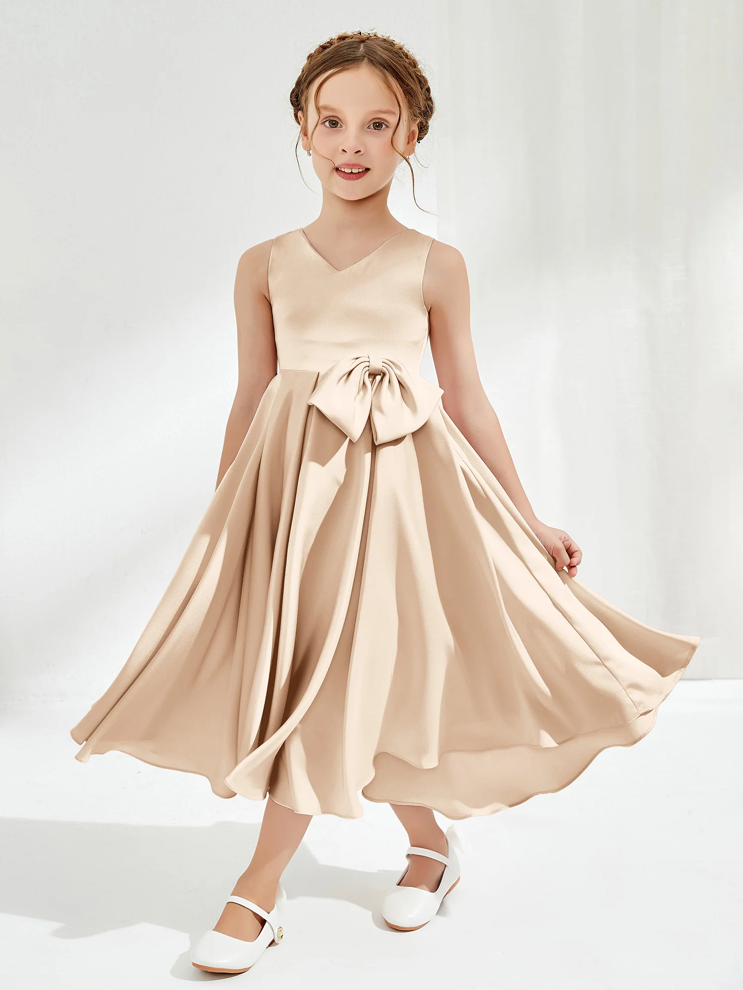 V-Neck Acetate Satin Girl's Dress with Bow Peach