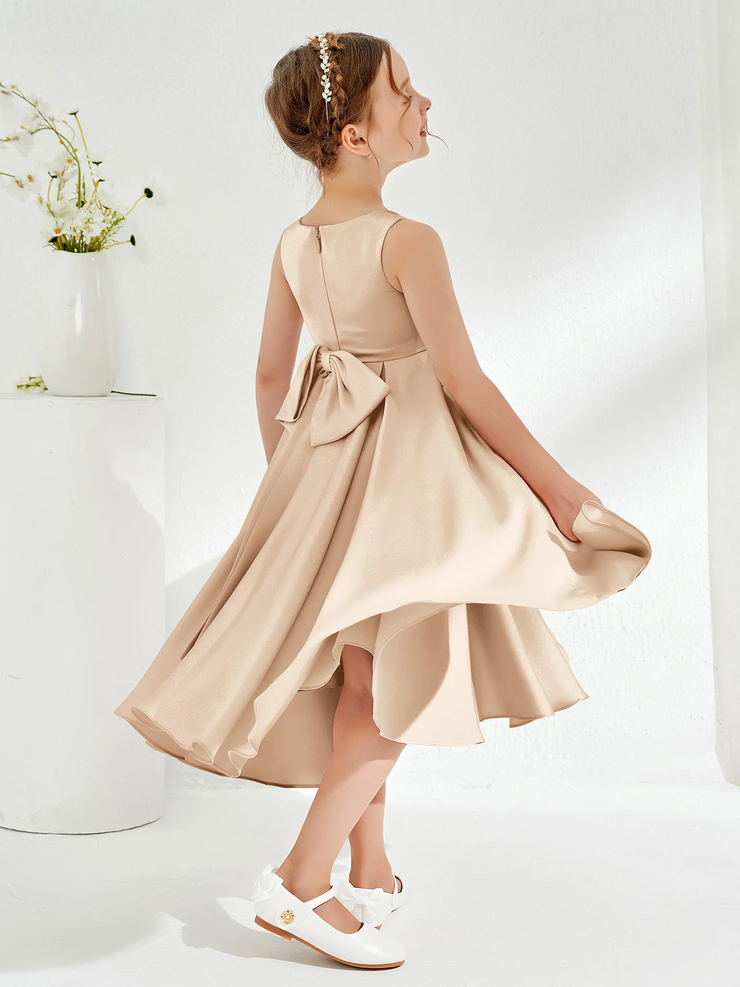 V-Neck Acetate Satin Girl's Dress with Bow Peach - Image 2