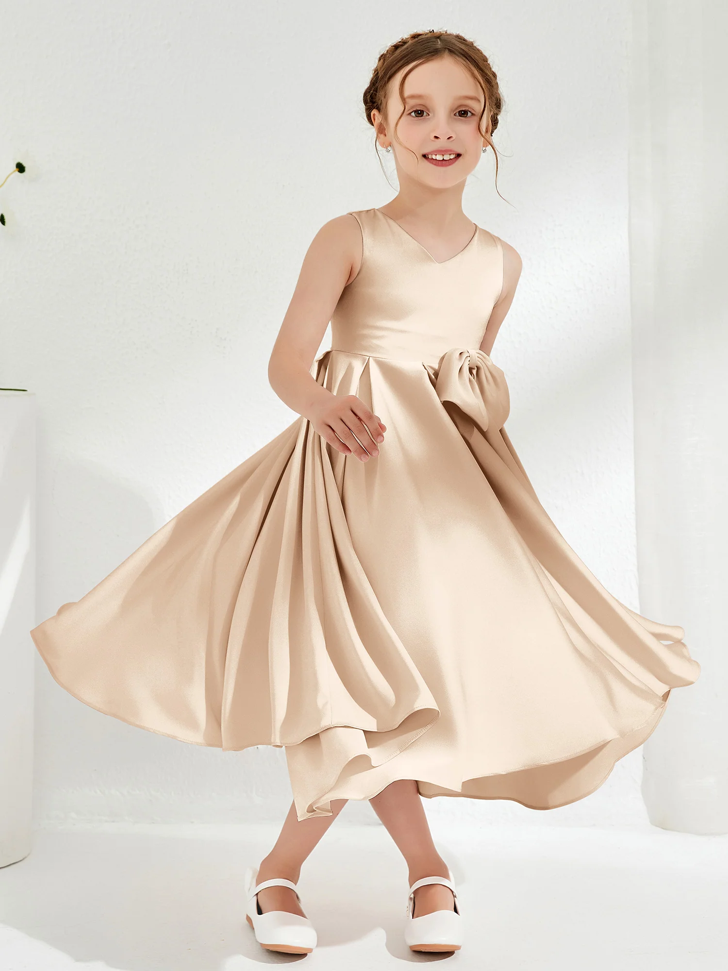 V-Neck Acetate Satin Girl's Dress with Bow Peach - Image 3