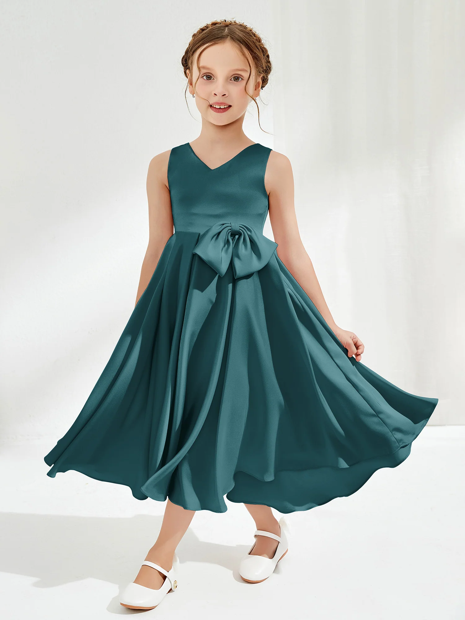 V-Neck Acetate Satin Girl's Dress with Bow Peacock