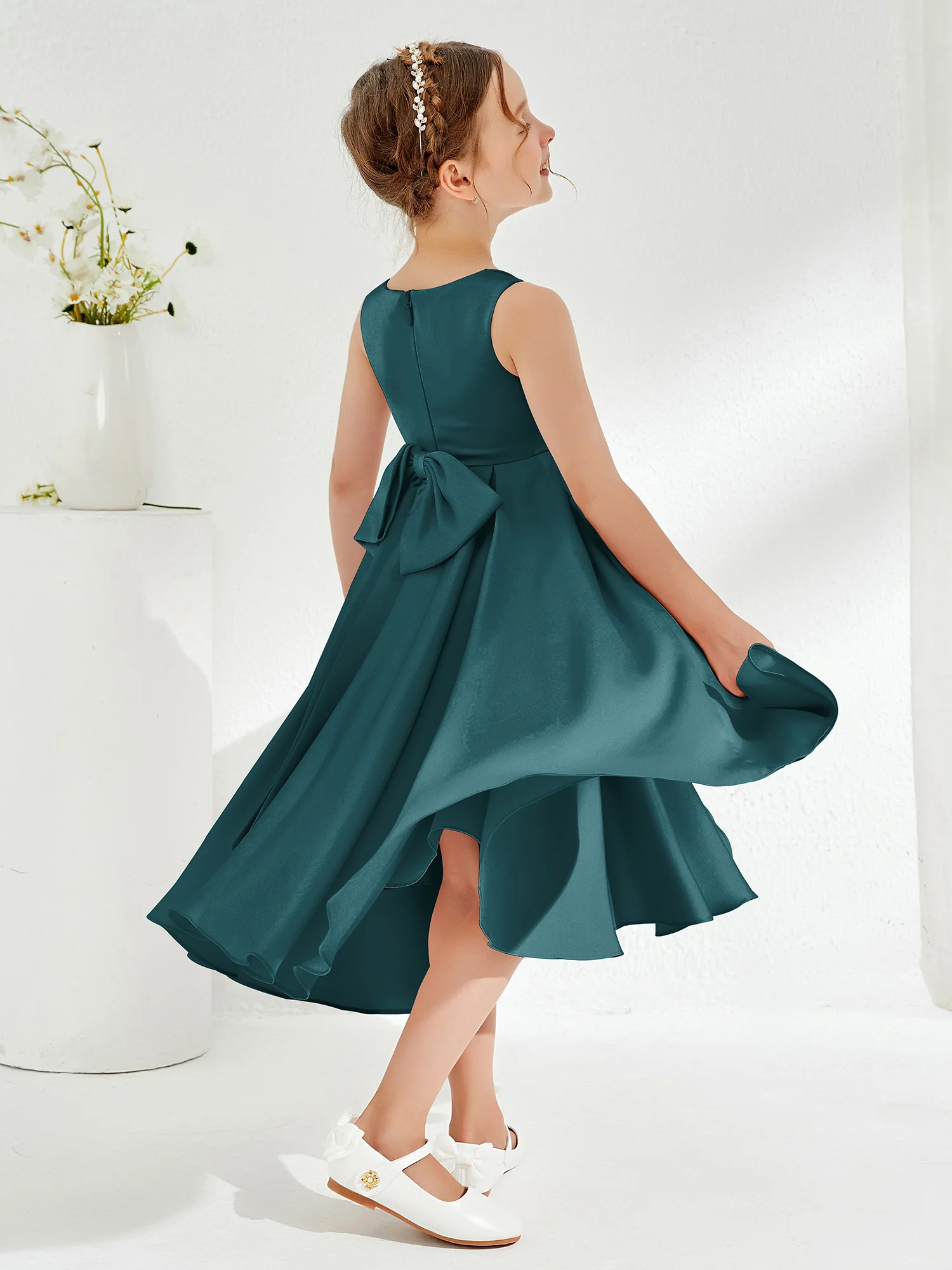 V-Neck Acetate Satin Girl's Dress with Bow Peacock - Image 2