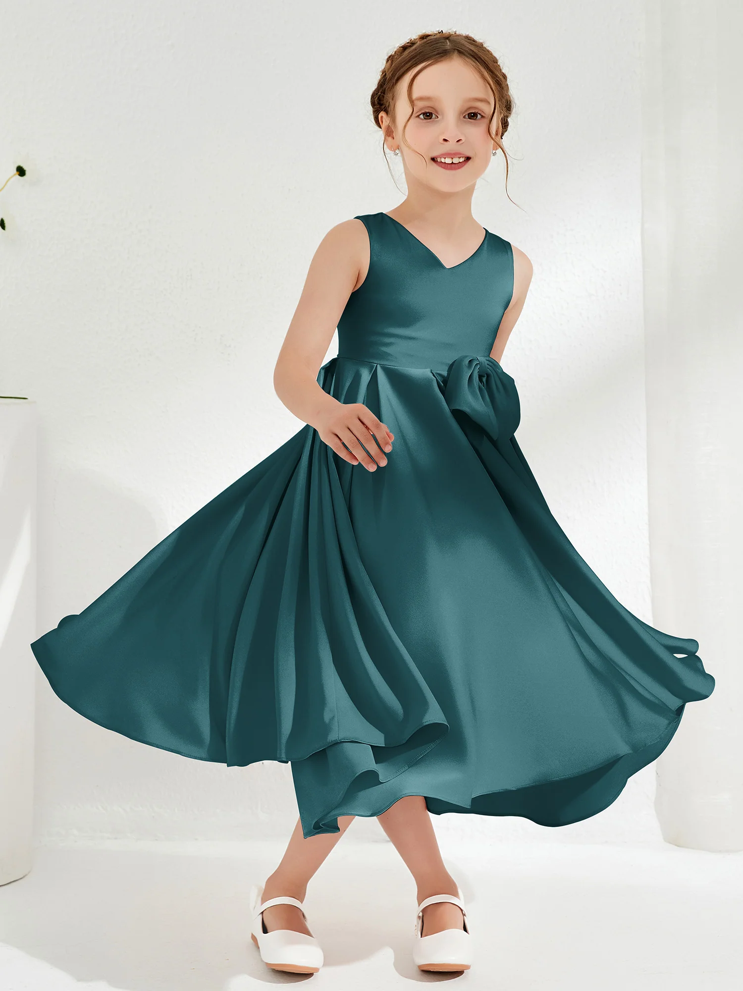 V-Neck Acetate Satin Girl's Dress with Bow Peacock - Image 3