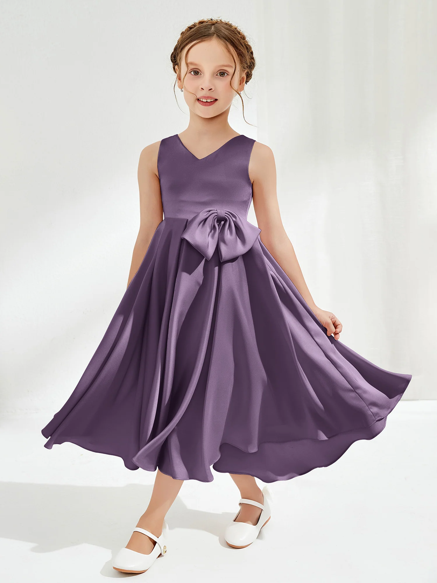 V-Neck Acetate Satin Girl's Dress with Bow Plum