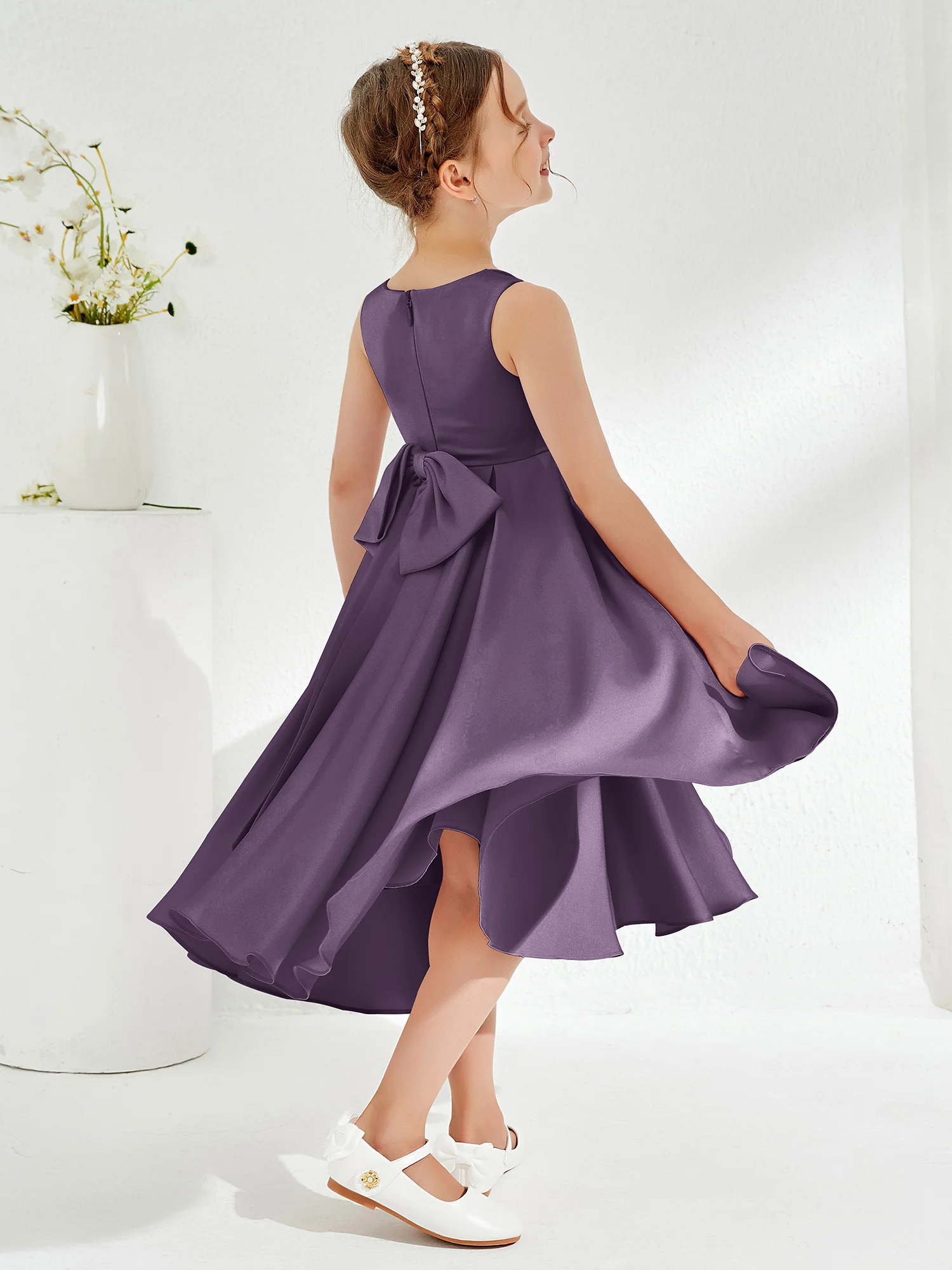 V-Neck Acetate Satin Girl's Dress with Bow Plum - Image 2