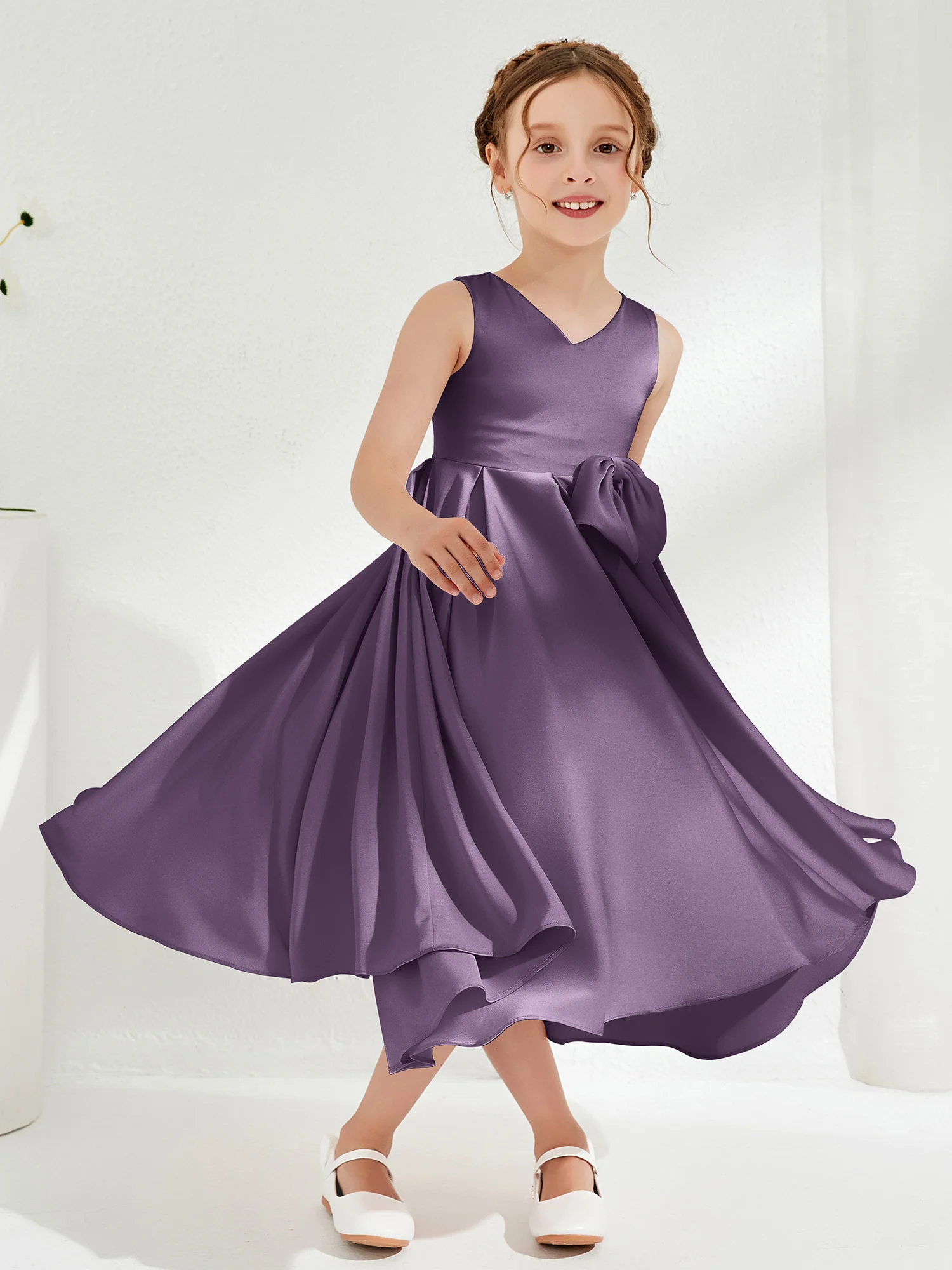 V-Neck Acetate Satin Girl's Dress with Bow Plum - Image 3