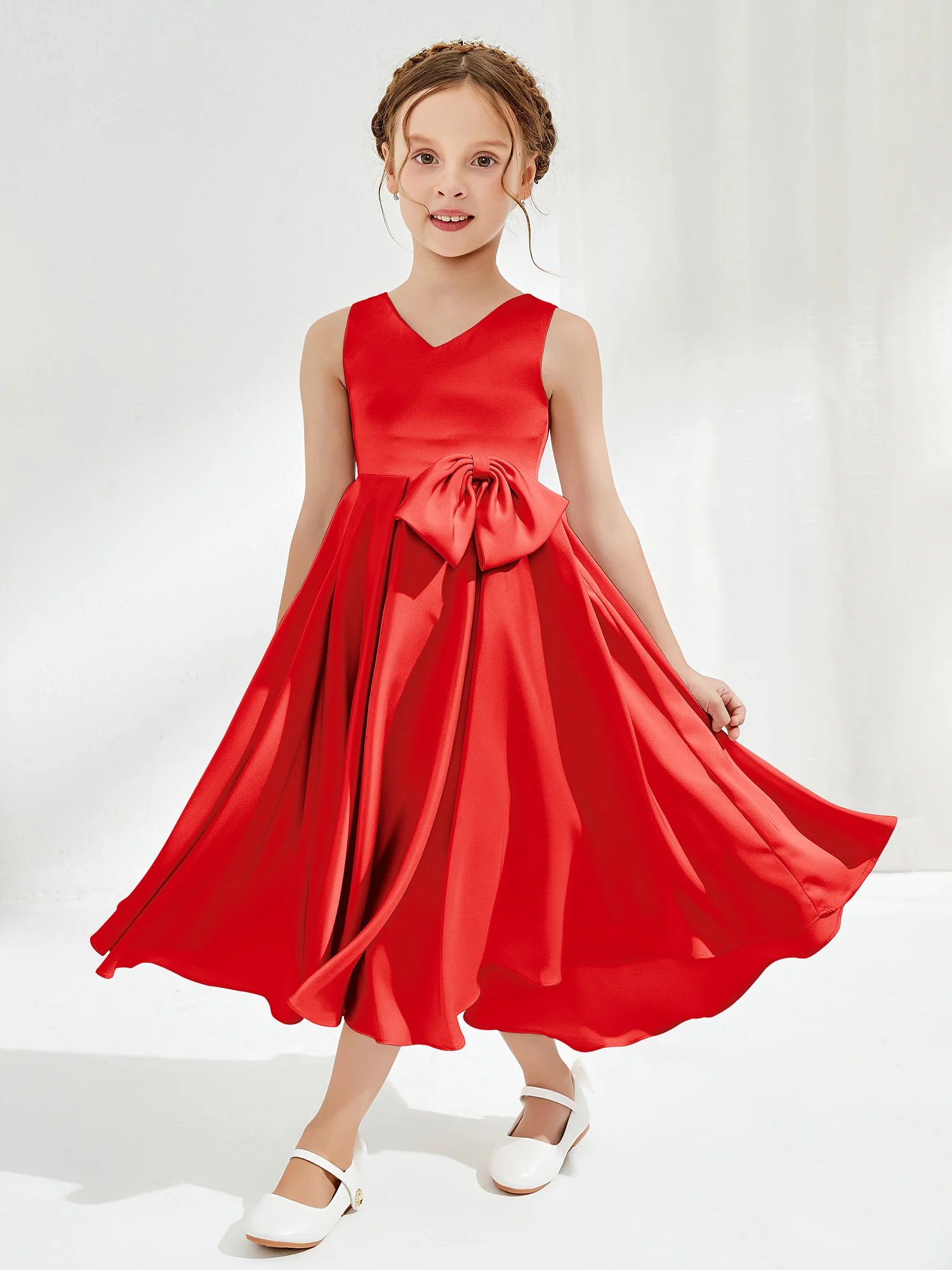 V-Neck Acetate Satin Girl's Dress with Bow Red