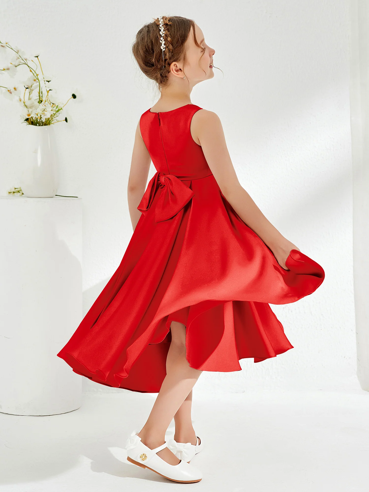 V-Neck Acetate Satin Girl's Dress with Bow Red - Image 2