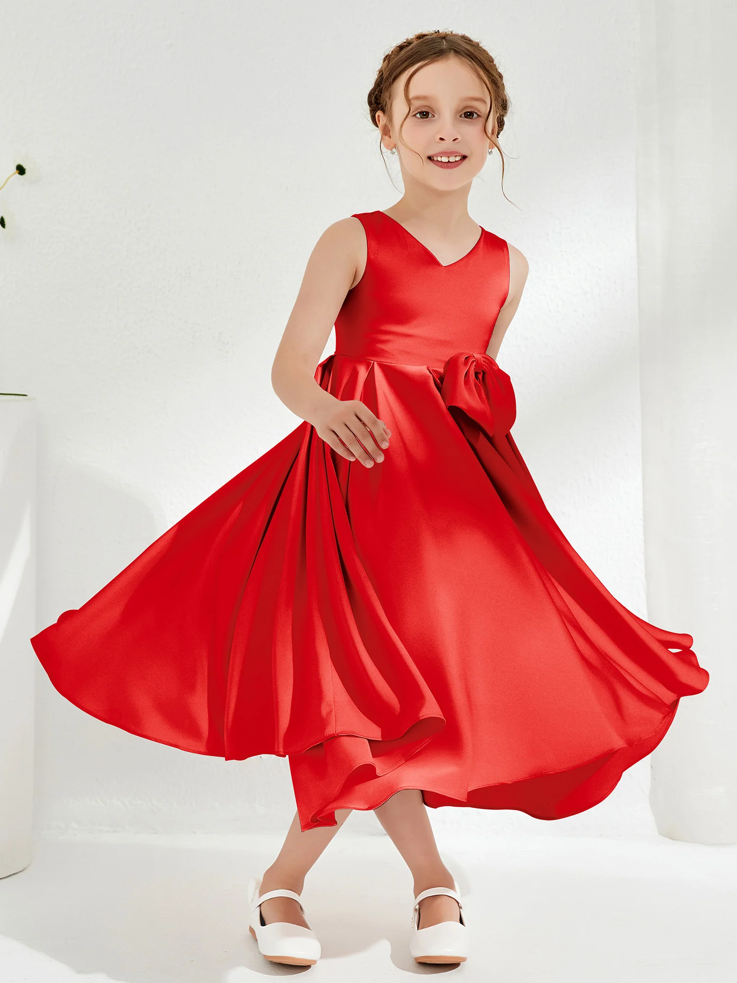 V-Neck Acetate Satin Girl's Dress with Bow Red - Image 3