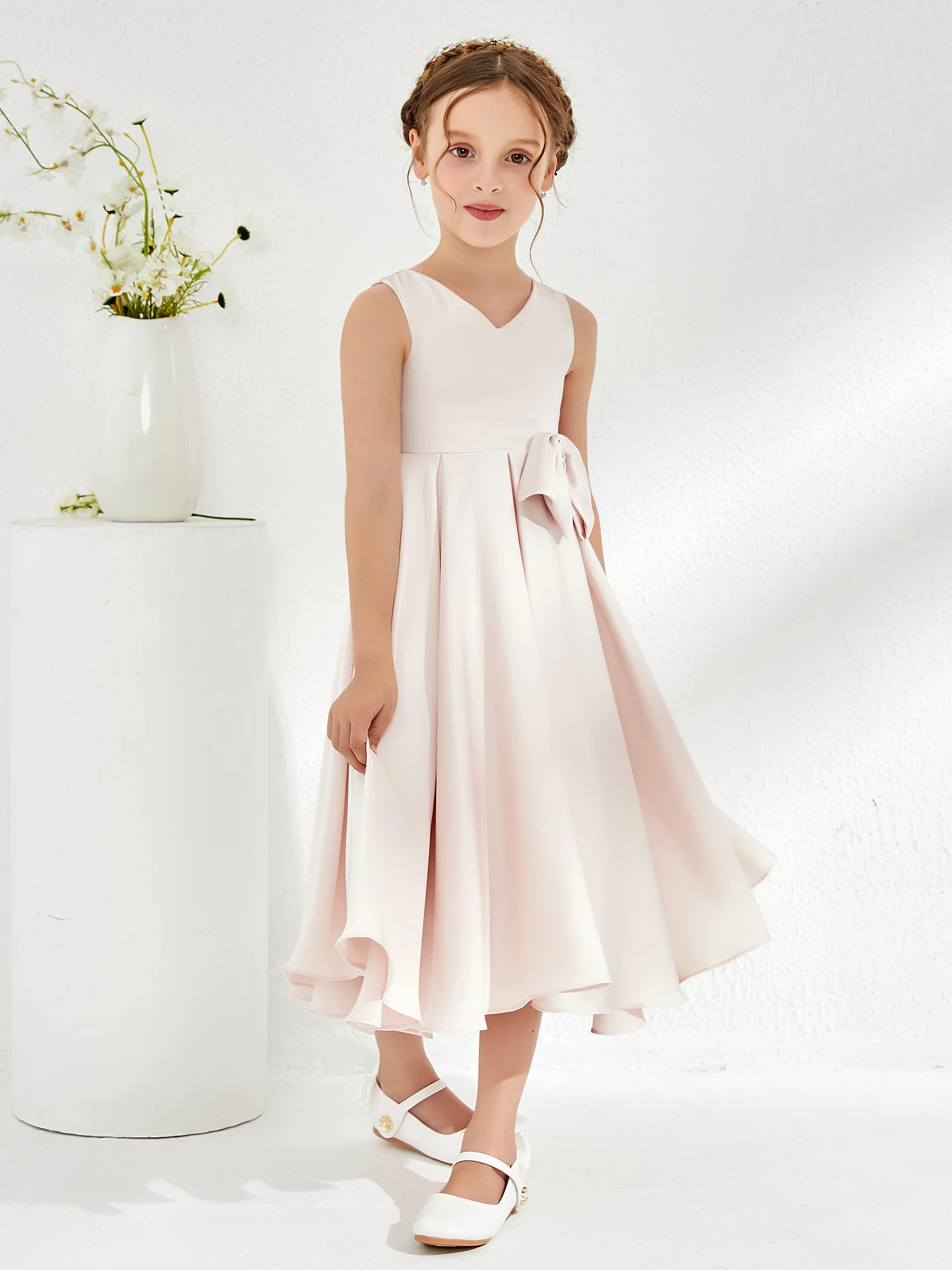 V-Neck Acetate Satin Girl's Dress with Bow Rose Petal - Image 5