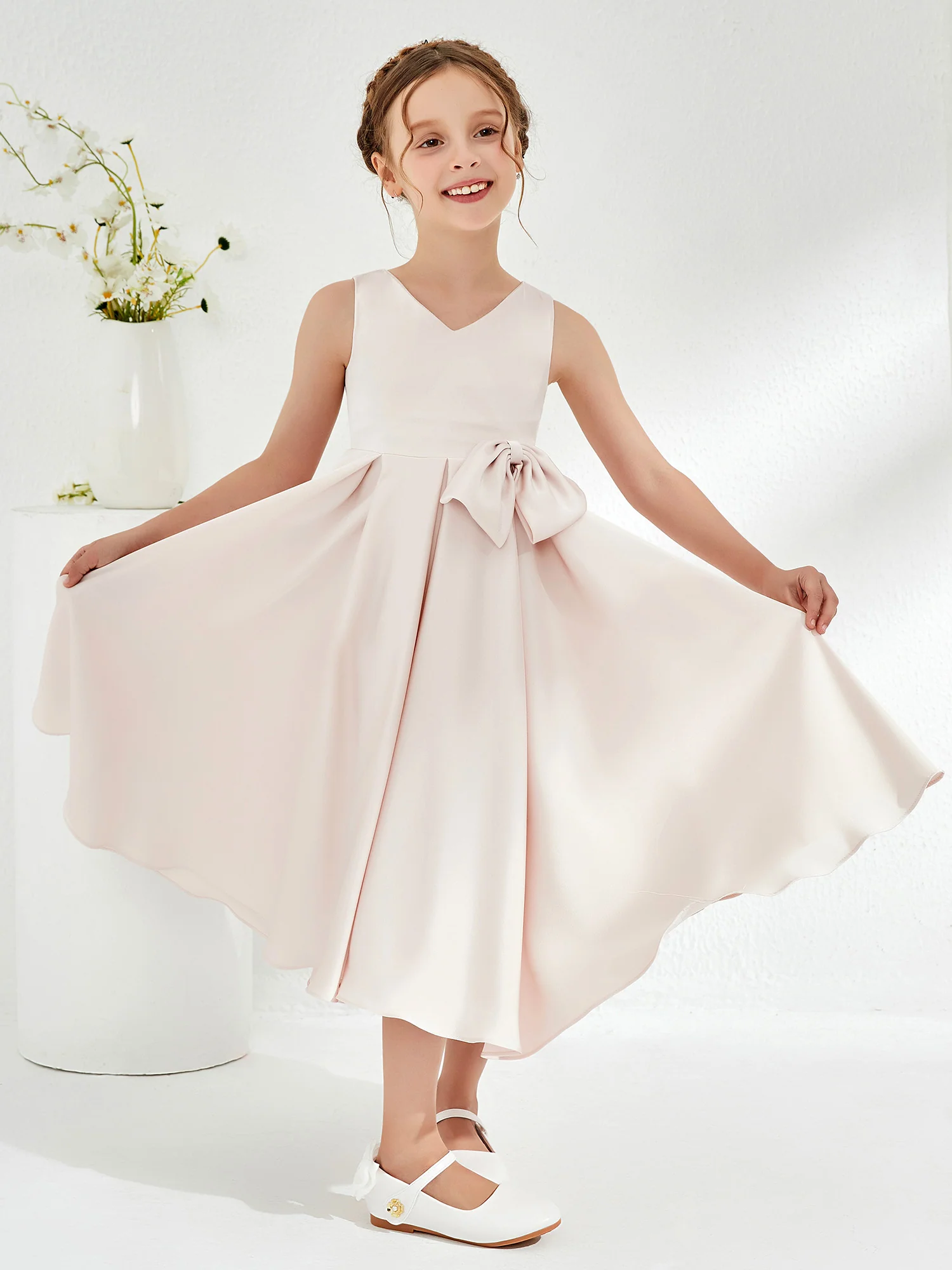 V-Neck Acetate Satin Girl's Dress with Bow Rose Petal - Image 6