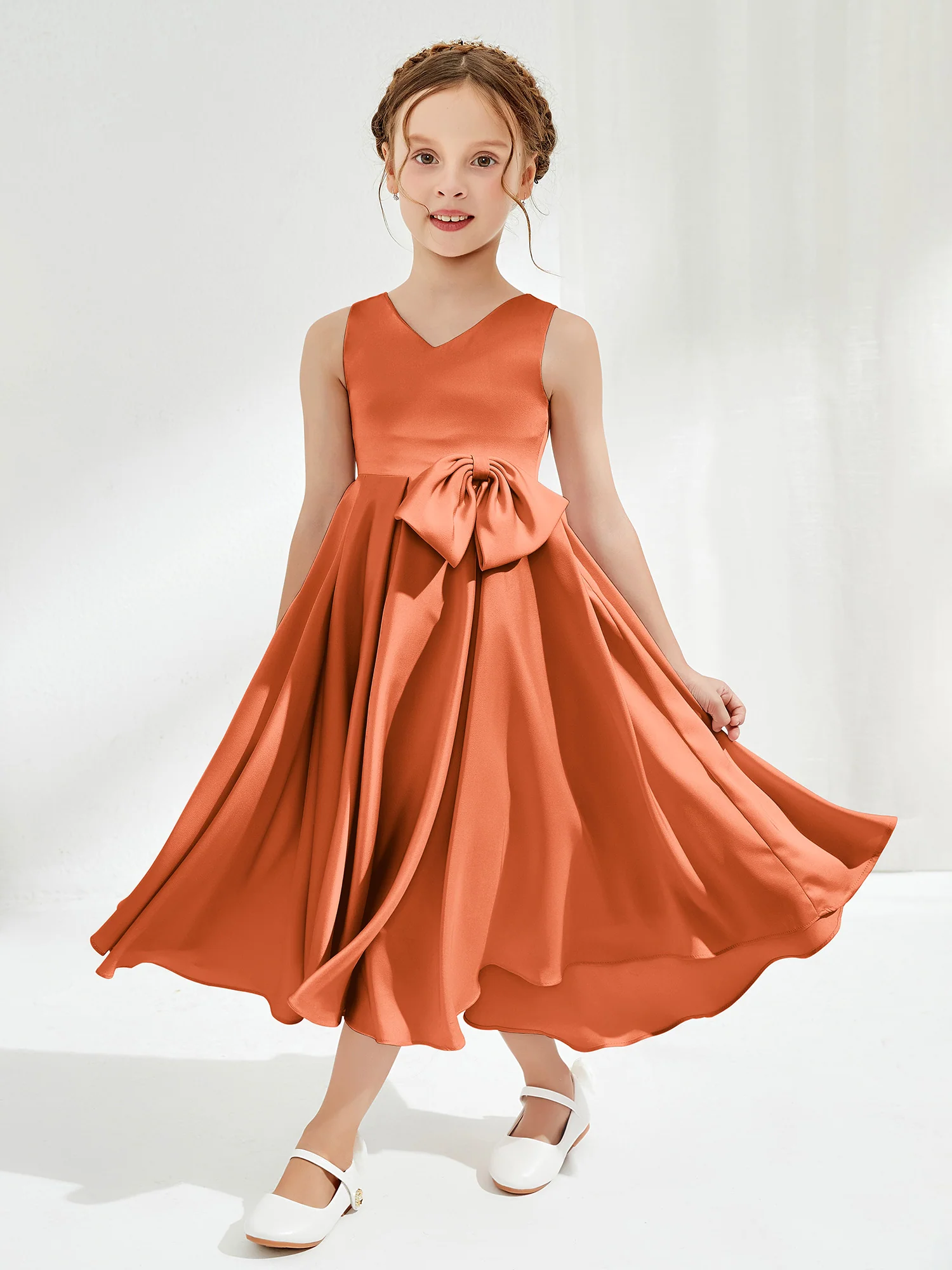 V-Neck Acetate Satin Girl's Dress with Bow Rust