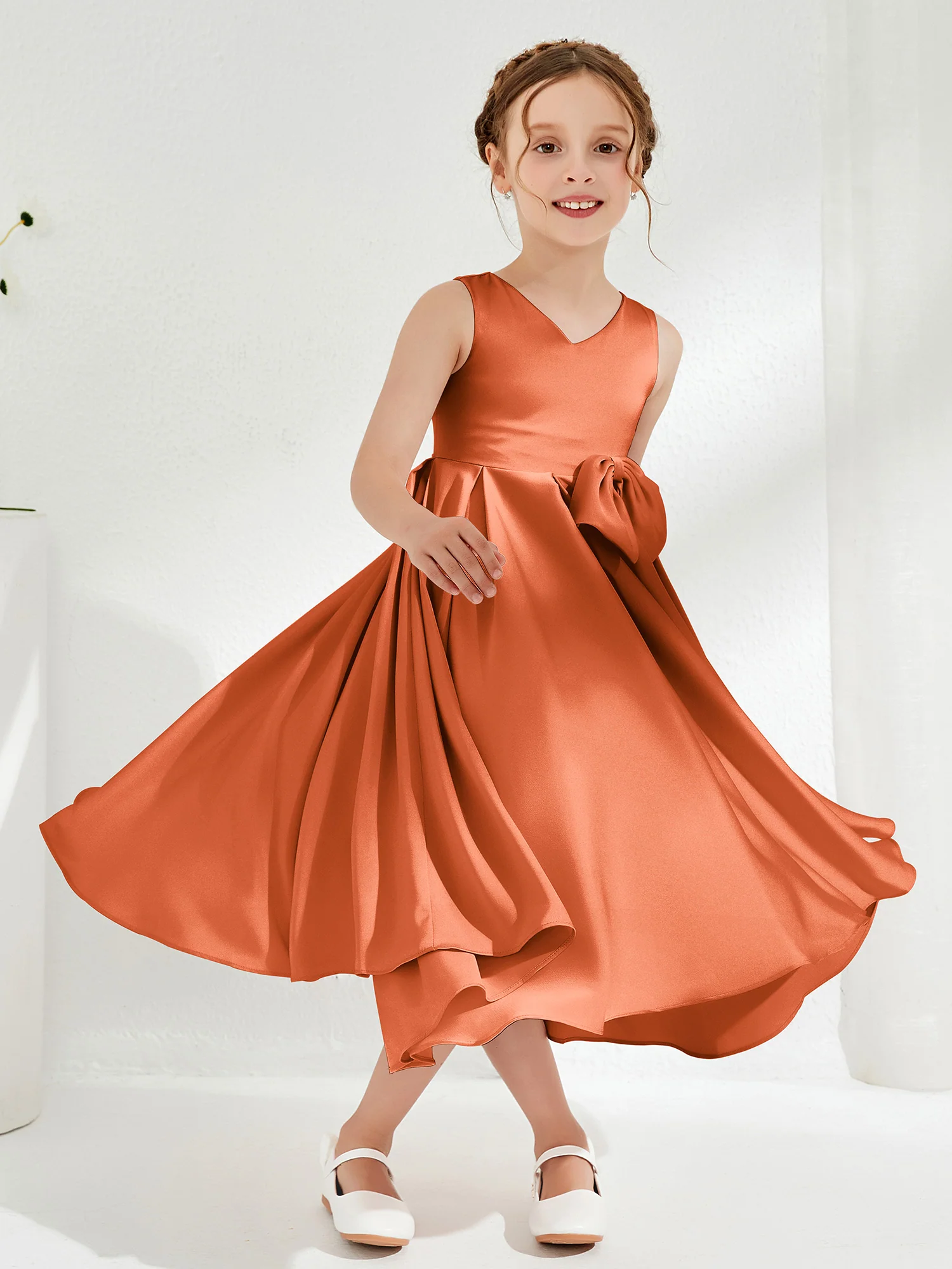 V-Neck Acetate Satin Girl's Dress with Bow Rust - Image 3